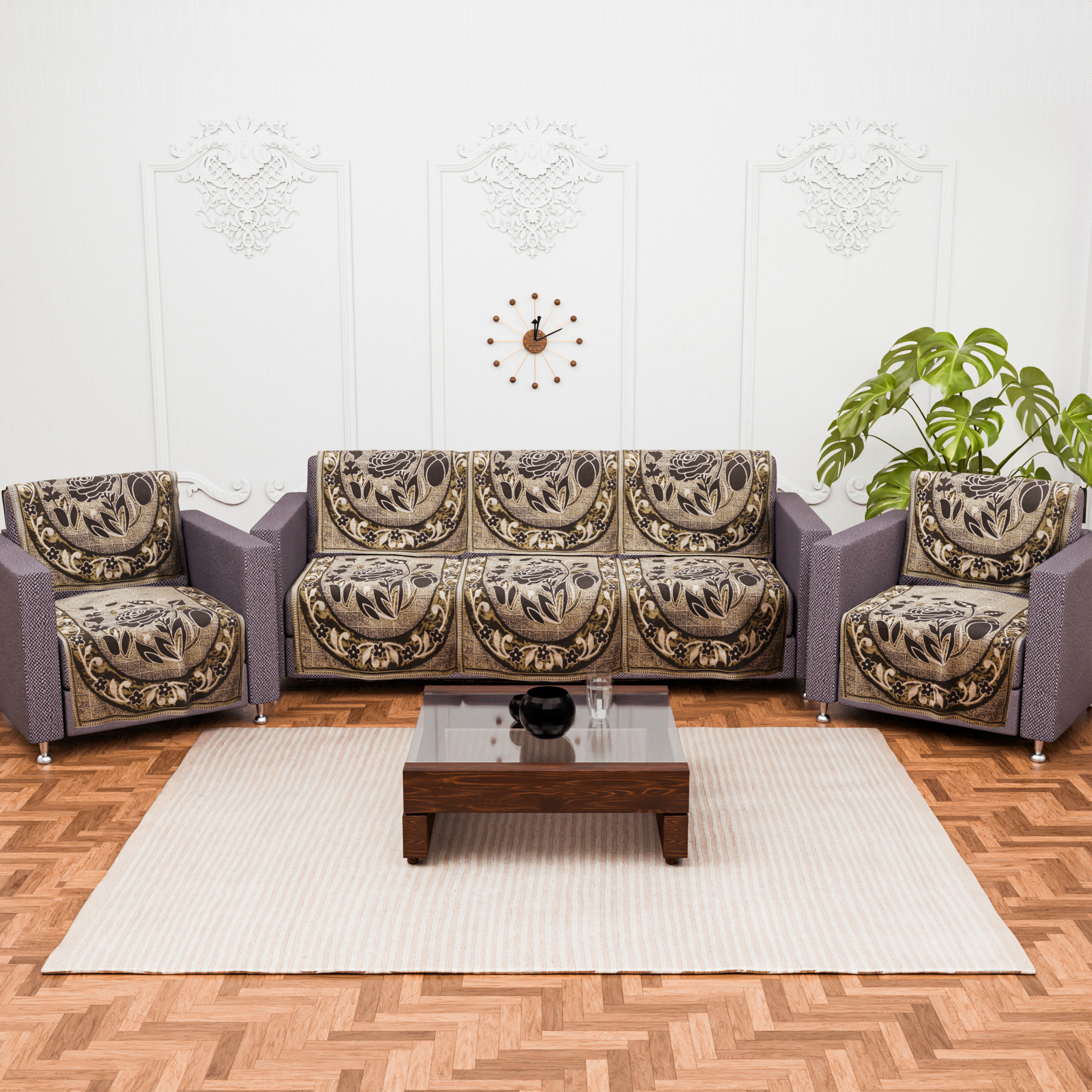 Kuber Industries Set of 10 5 seater sofa cover for Living Room  Durable  Stylish Sofa Slipcover Protector for Home Living Room  Office  Rose -Green  Brown