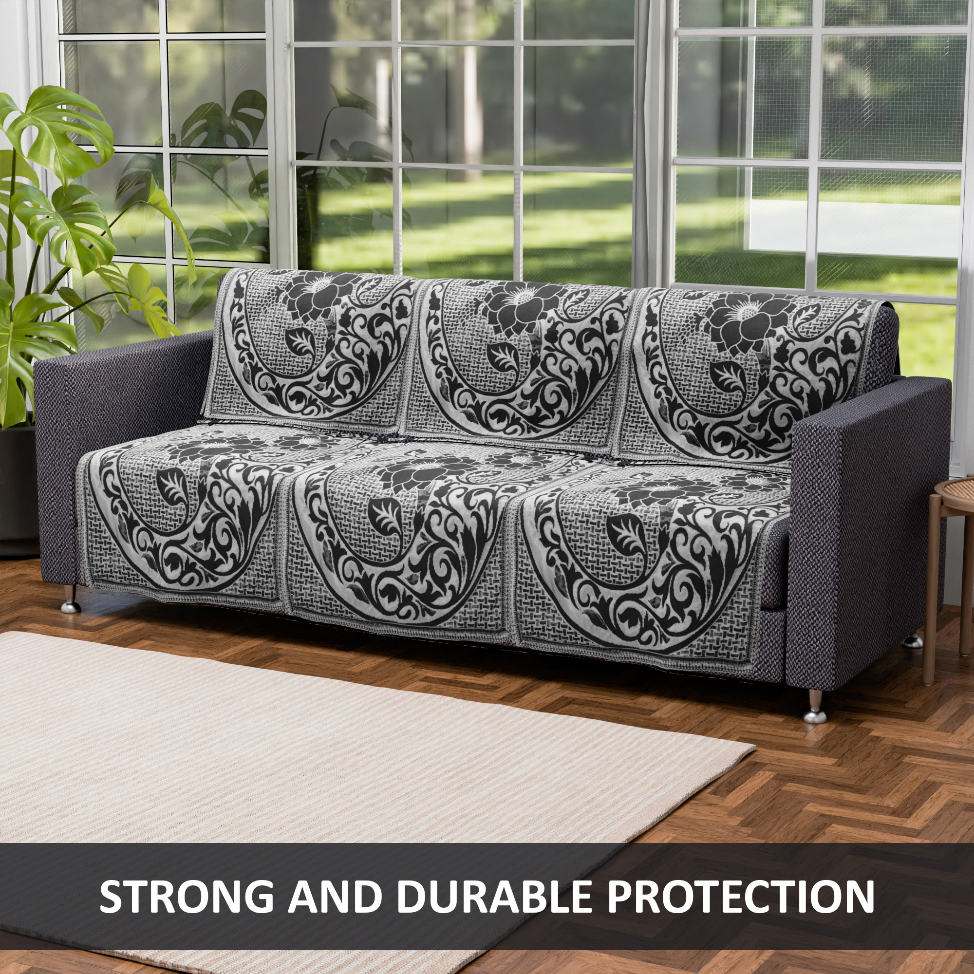 Kuber Industries Set of 10 5 seater sofa cover for Living Room  Durable  Stylish Sofa Slipcover Protector for Home Living Room  Office  Lotus Flower -Black