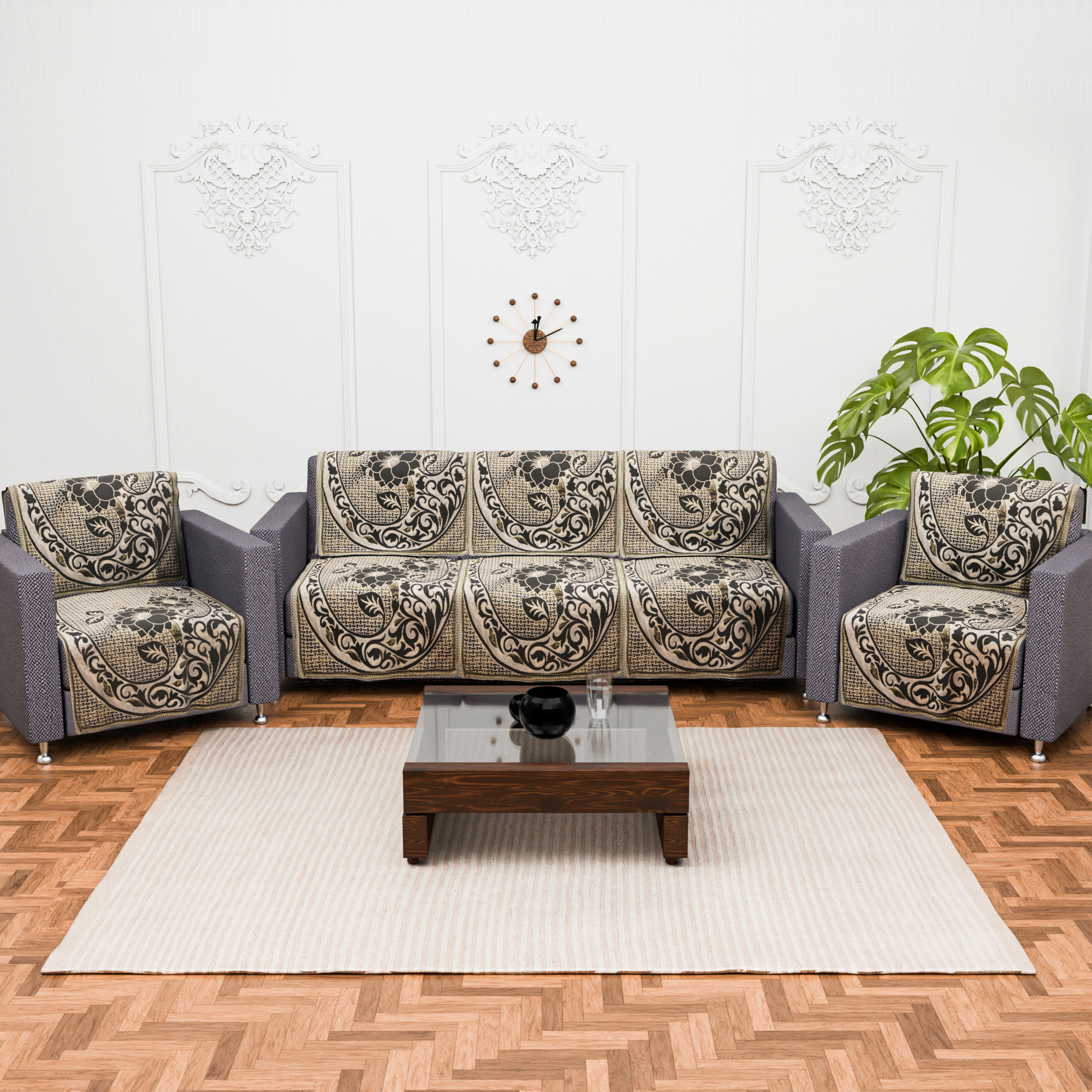 Kuber Industries Set of 10 5 seater sofa cover for Living Room  Durable  Stylish Sofa Slipcover Protector for Home Living Room  Office  Lotus Flower -Brown
