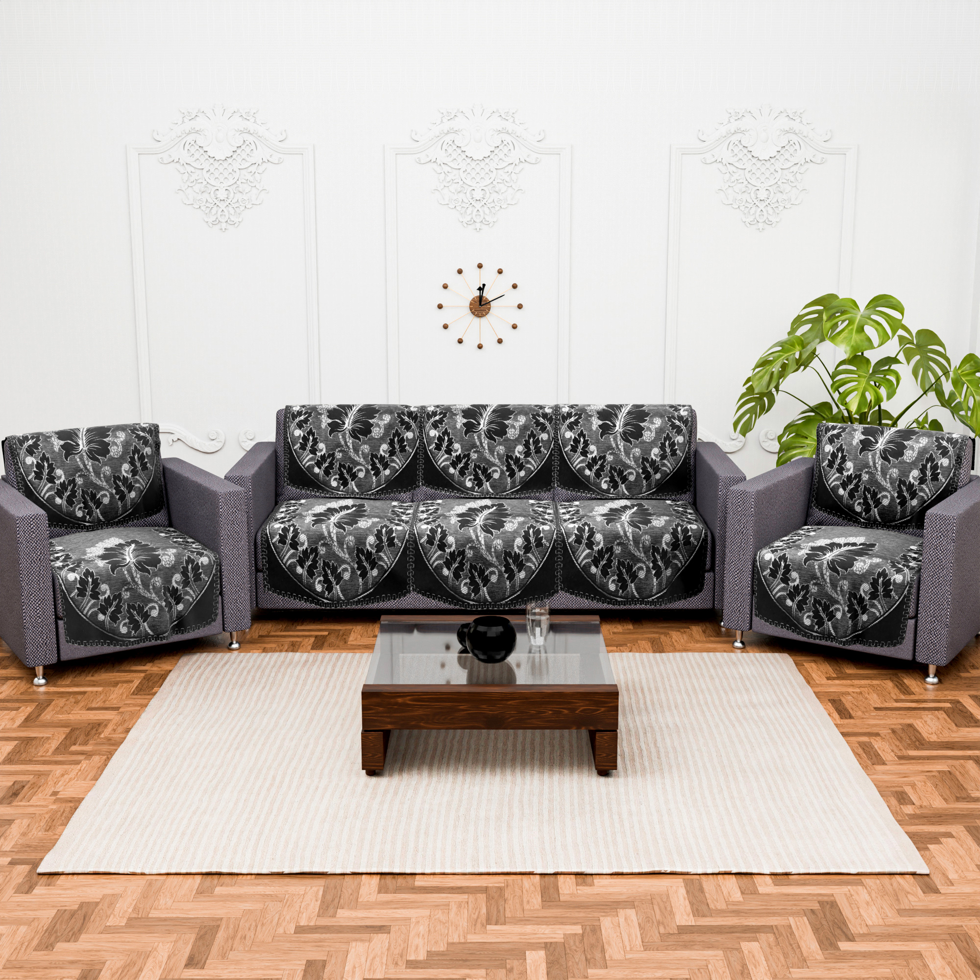 Kuber Industries Set of 10 Decorative Sofa Cover 5 Seater for Living Room  Durable Sofa Cover Protector for Home Living Room  Office  Leaf - Black  Silver