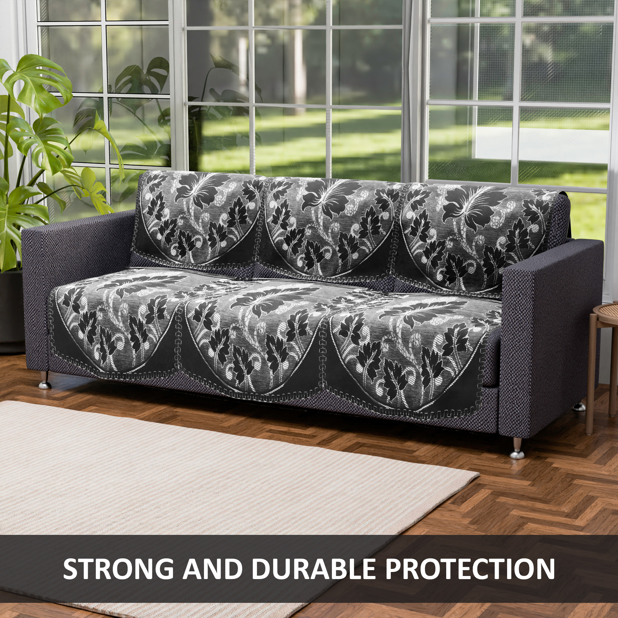 Kuber Industries Set of 10 Decorative Sofa Cover 5 Seater for Living Room  Durable Sofa Cover Protector for Home Living Room  Office  Leaf - Black  Silver