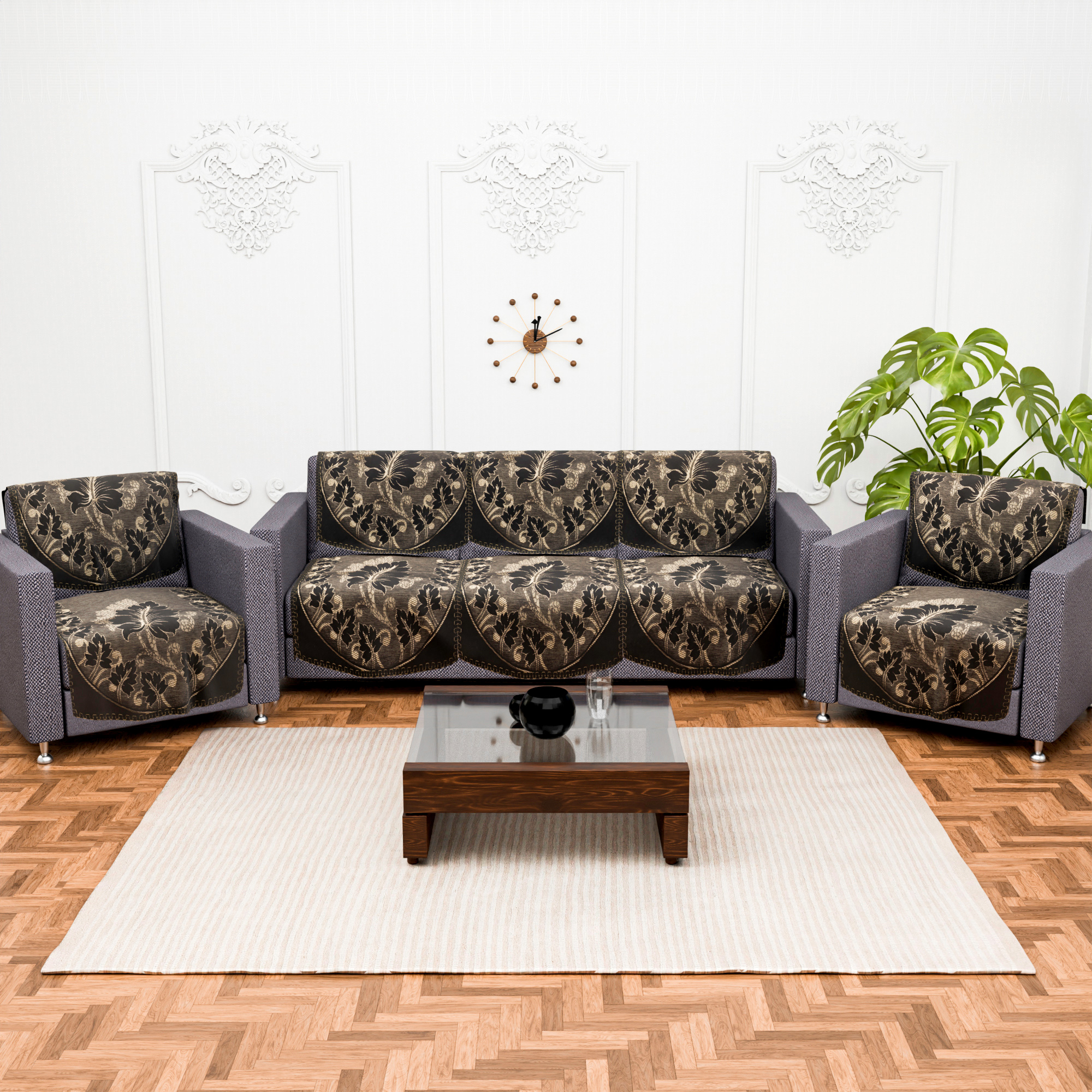 Kuber Industries Set of 10 Decorative Sofa Cover 5 Seater for Living Room  Durable Sofa Cover Protector for Home Living Room  Office  Leaf - Gold  Brown