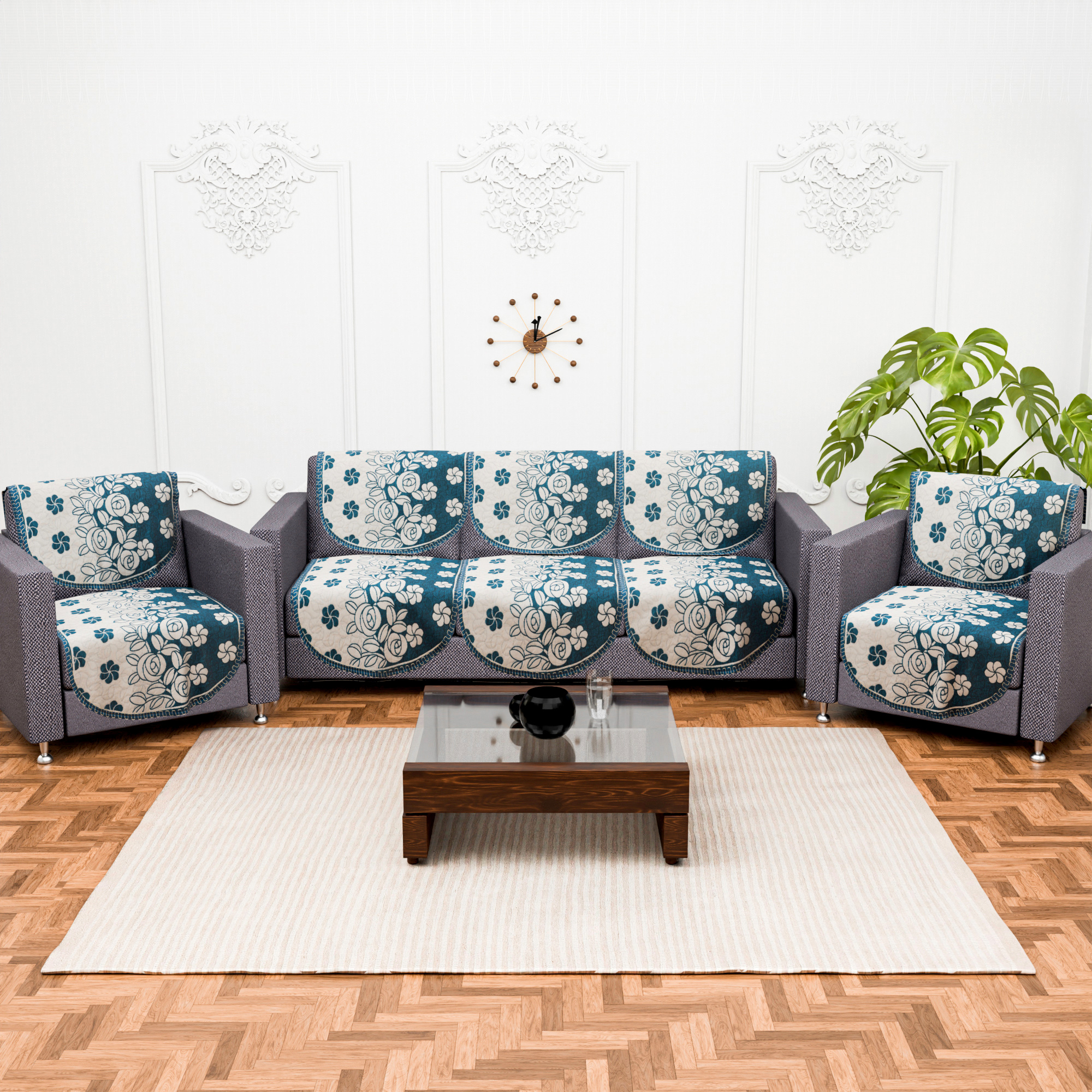 Kuber Industries Set of 10 Decorative Sofa Cover 5 Seater for Living Room  Durable Sofa Cover Protector for Home Living Room  Office  Gulab - Cream  Aqua Green
