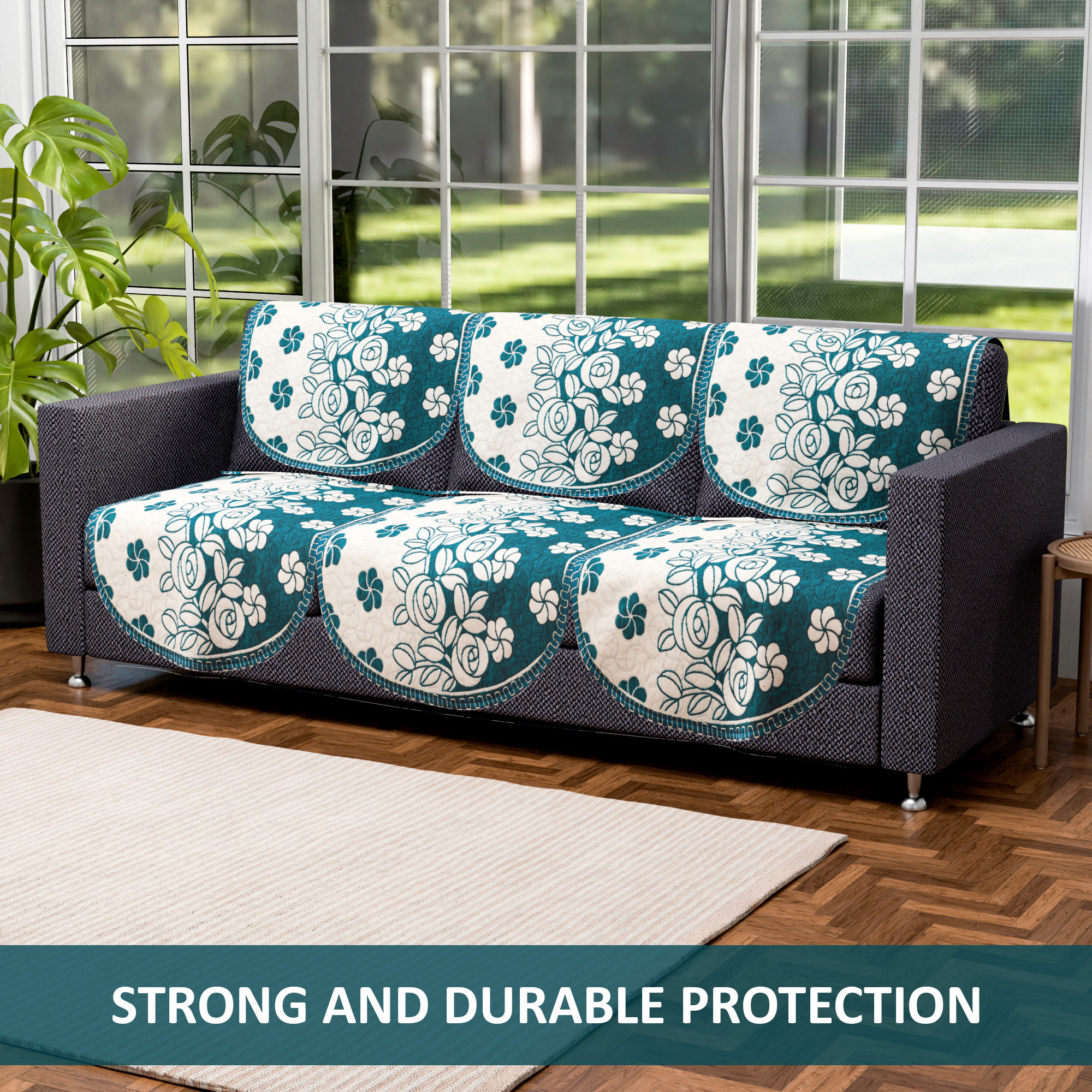 Kuber Industries Set of 10 Decorative Sofa Cover 5 Seater for Living Room  Durable Sofa Cover Protector for Home Living Room  Office  Gulab - Cream  Aqua Green