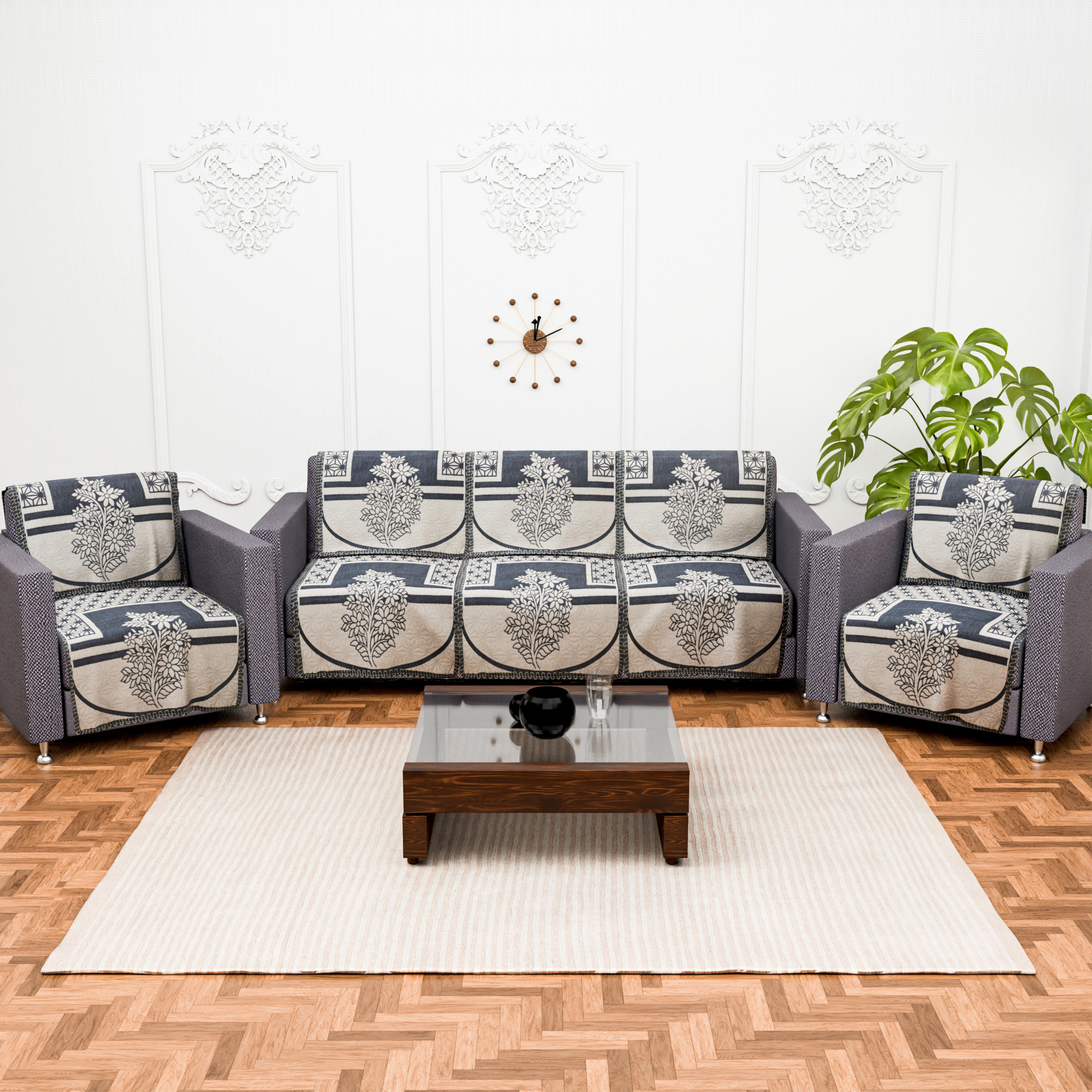 Kuber Industries Set of 10 Decorative Sofa Cover 5 Seater for Living Room  Durable Sofa Cover Protector for Home Living Room  Office  Flower - Cream  Grey