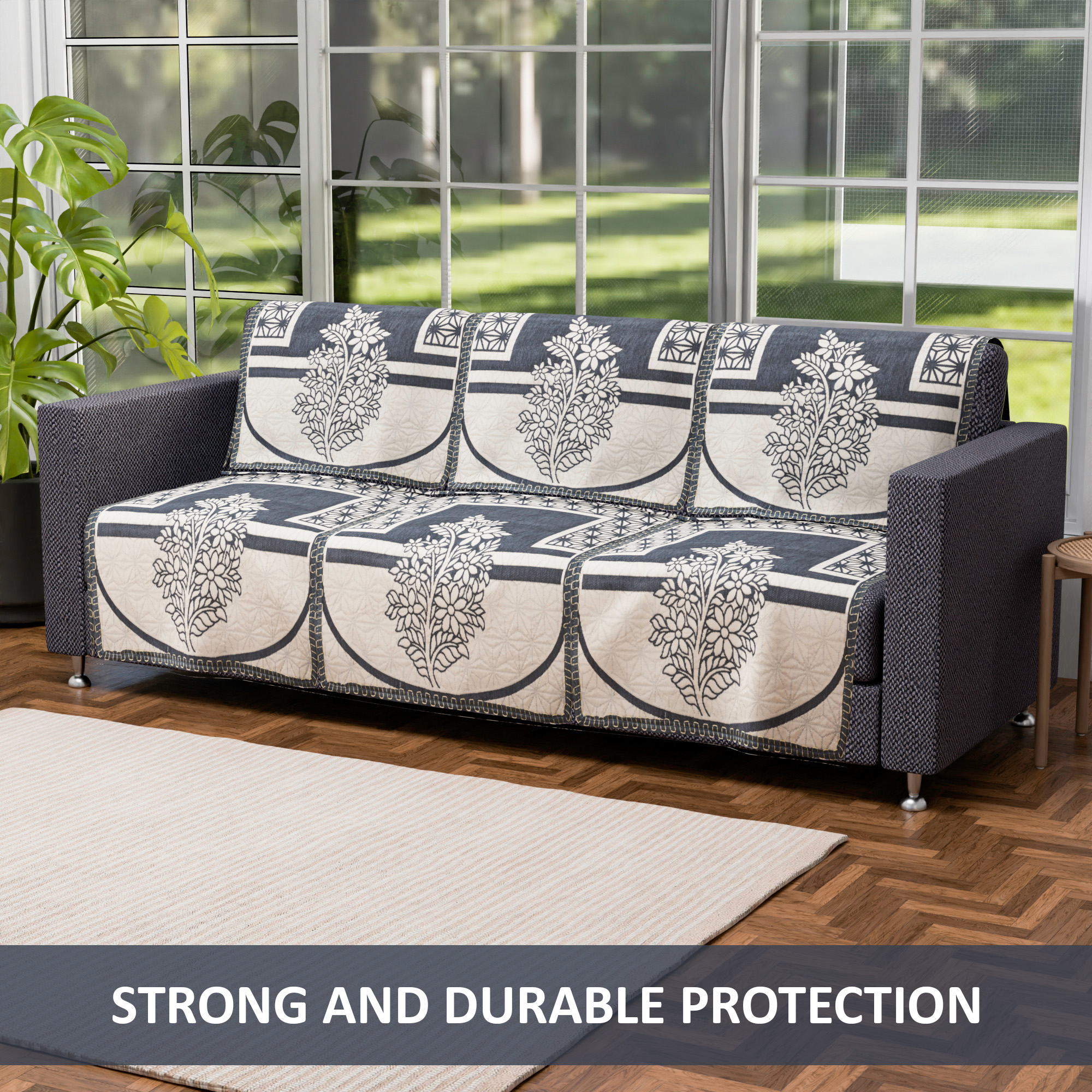 Kuber Industries Set of 10 Decorative Sofa Cover 5 Seater for Living Room  Durable Sofa Cover Protector for Home Living Room  Office  Flower - Cream  Grey