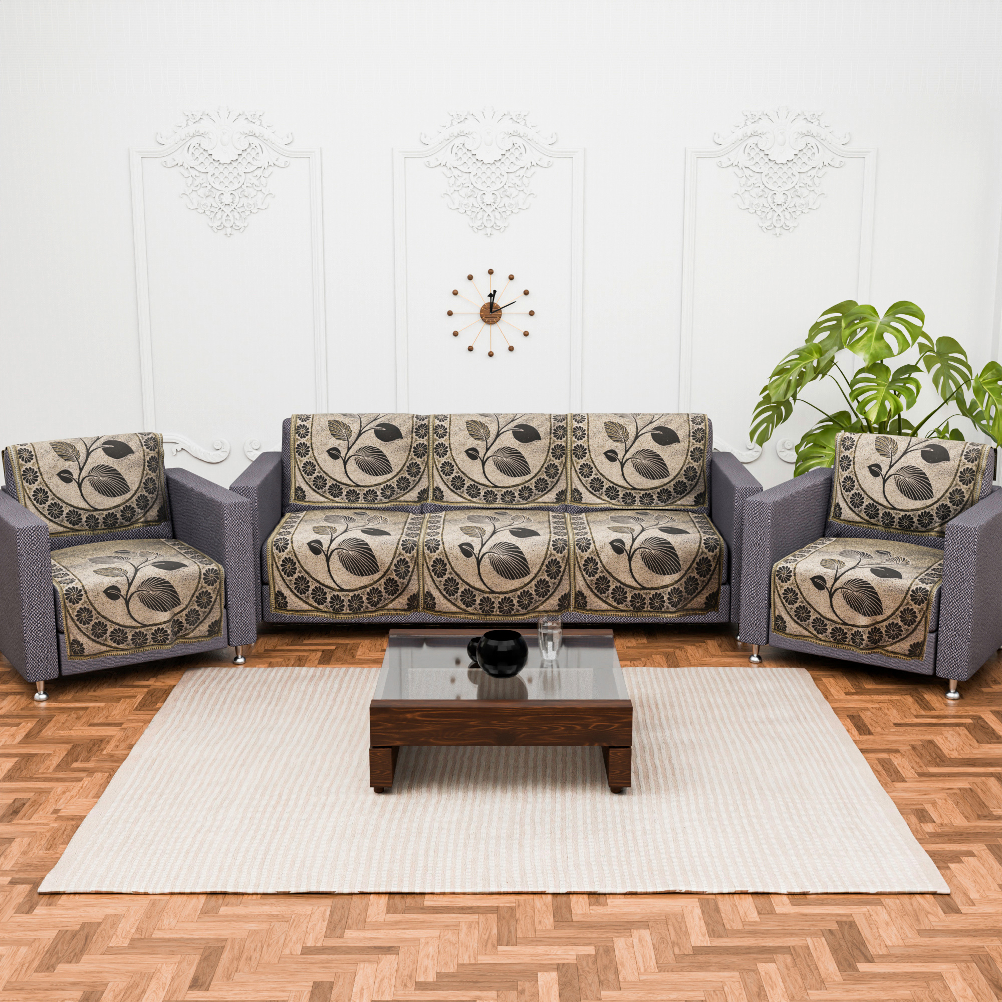 Kuber Industries Set of 10 5 seater sofa cover for Living Room  Durable  Stylish Sofa Slipcover Protector for Home Living Room  Office  Leaf Design -Brown