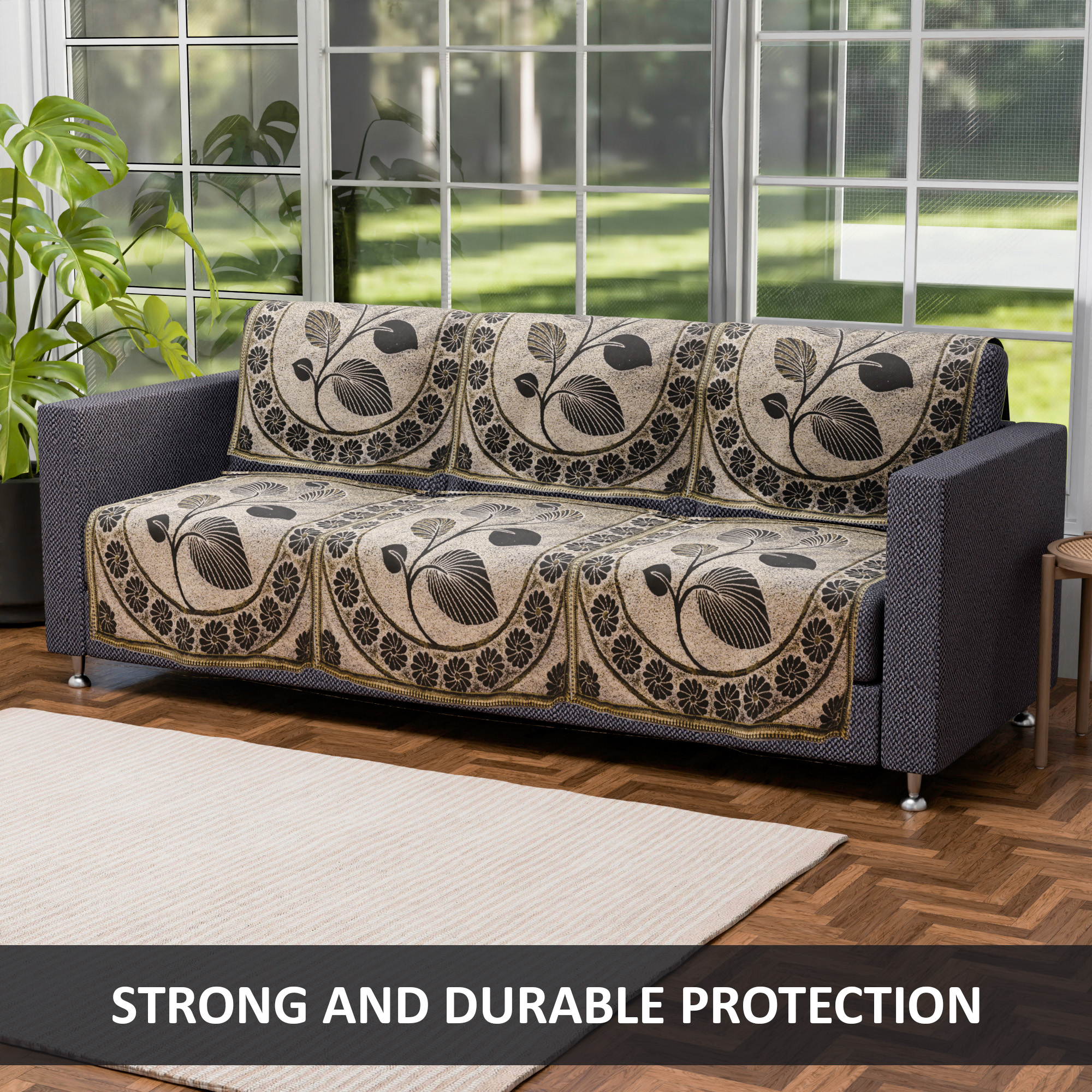 Kuber Industries Set of 10 5 seater sofa cover for Living Room  Durable  Stylish Sofa Slipcover Protector for Home Living Room  Office  Leaf Design -Brown