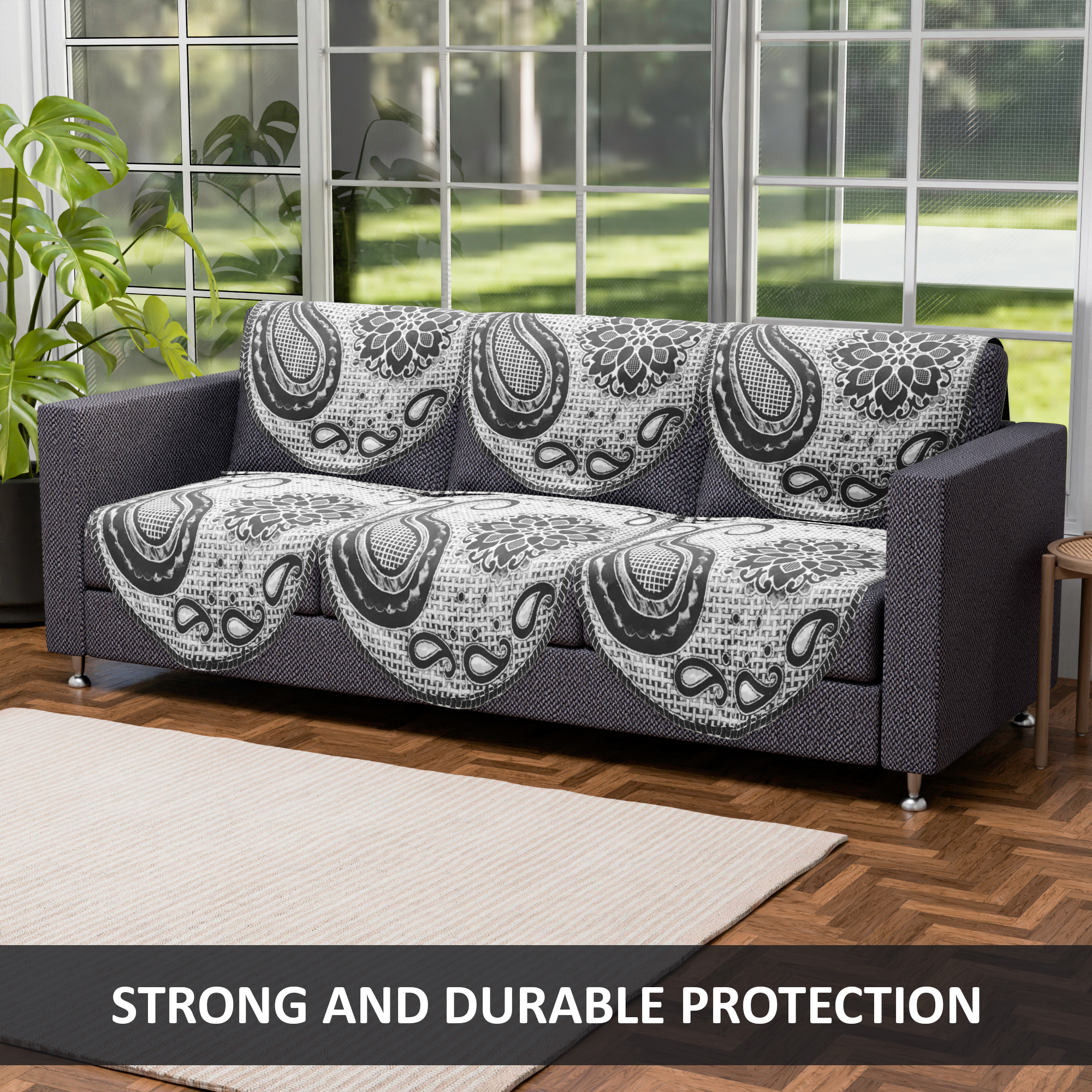 Kuber Industries Set of 10 5 seater sofa cover for Living Room  Durable  Stylish Sofa Slipcover Protector for Home Living Room  Office  Carry Flower -Black
