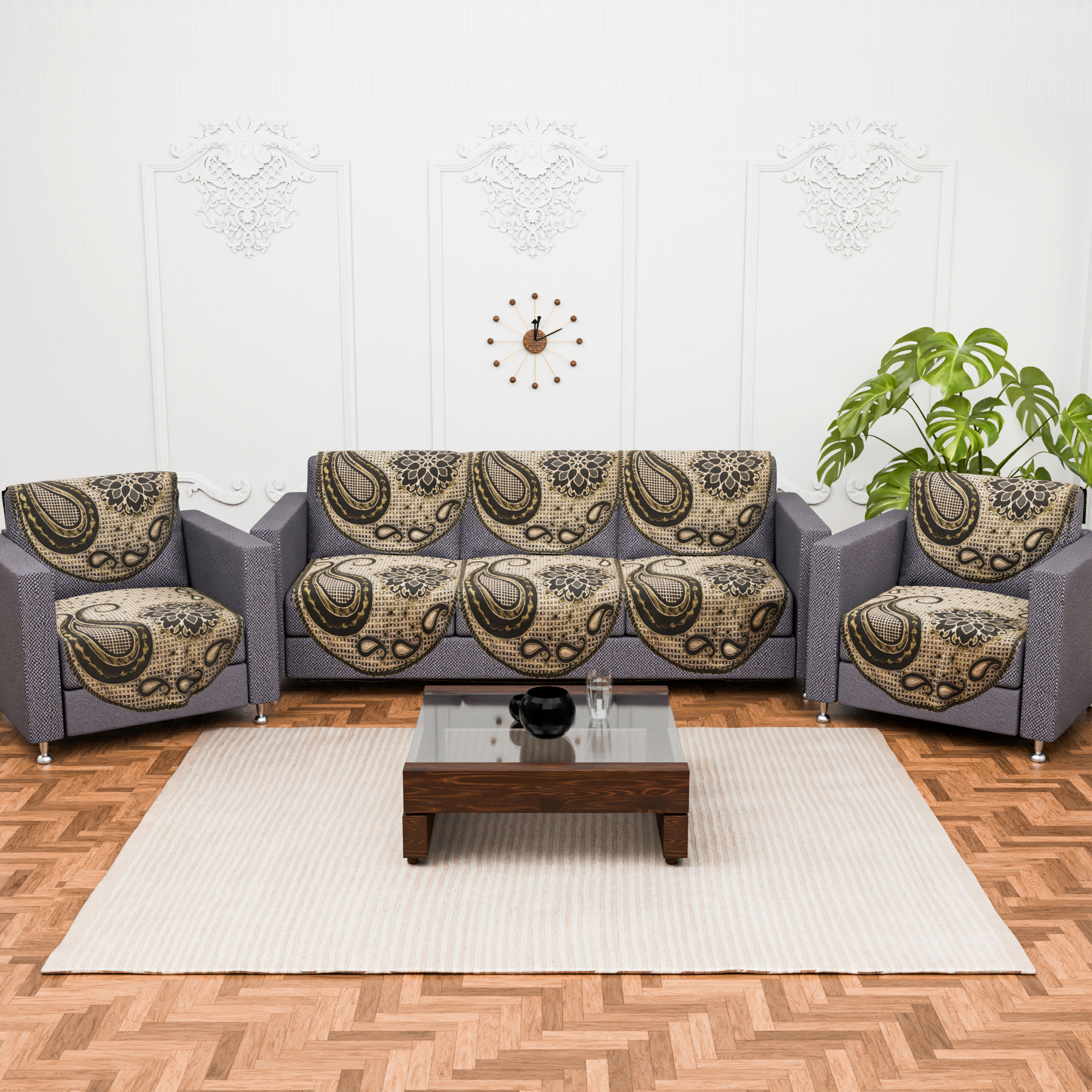 Kuber Industries Set of 10 5 seater sofa cover for Living Room  Durable  Stylish Sofa Slipcover Protector for Home Living Room  Office  Carry Flower -Brown