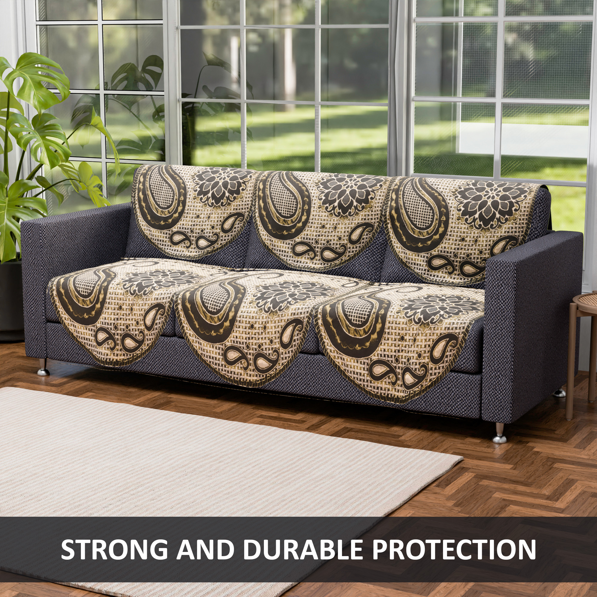 Kuber Industries Set of 10 5 seater sofa cover for Living Room  Durable  Stylish Sofa Slipcover Protector for Home Living Room  Office  Carry Flower -Brown