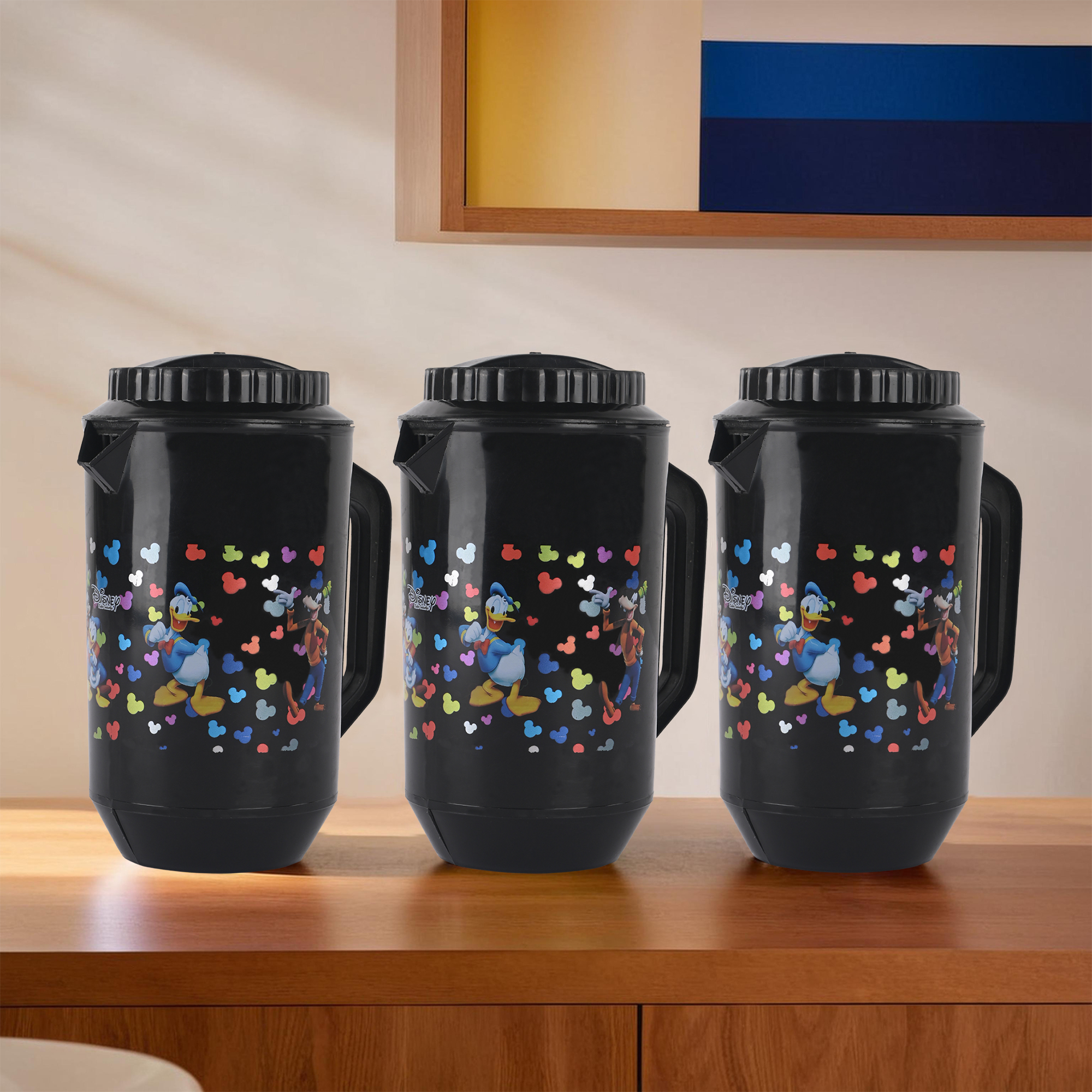 Kuber Industries Pack of 2 Plastic Jug for Kitchen  2 Ltr  Multipurpose Jug for Water Milk  Juice  Perfect for Daily Use in Kitchen Home Office  Events  Disney Team- Black