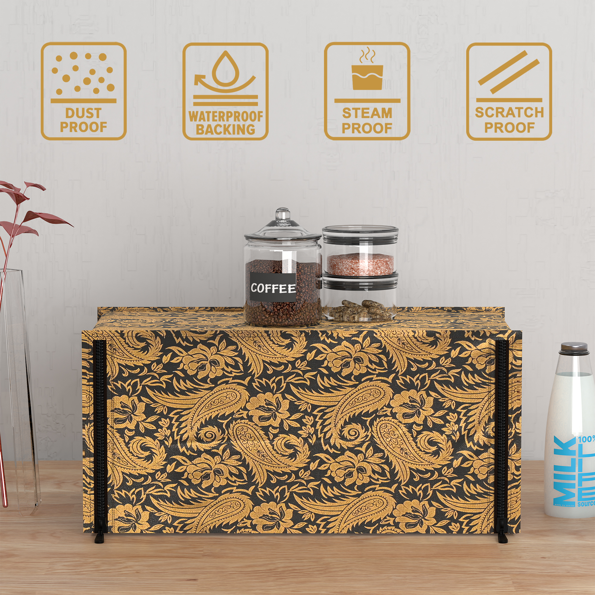 Kuber Industries 20L PVC Dustproof  Spill Resistant Microwave Cover with Ventillation Mesh  Durable Convection  Oven OTG CoversAccessories for Home Decor  Multi Floral-BlackGolden