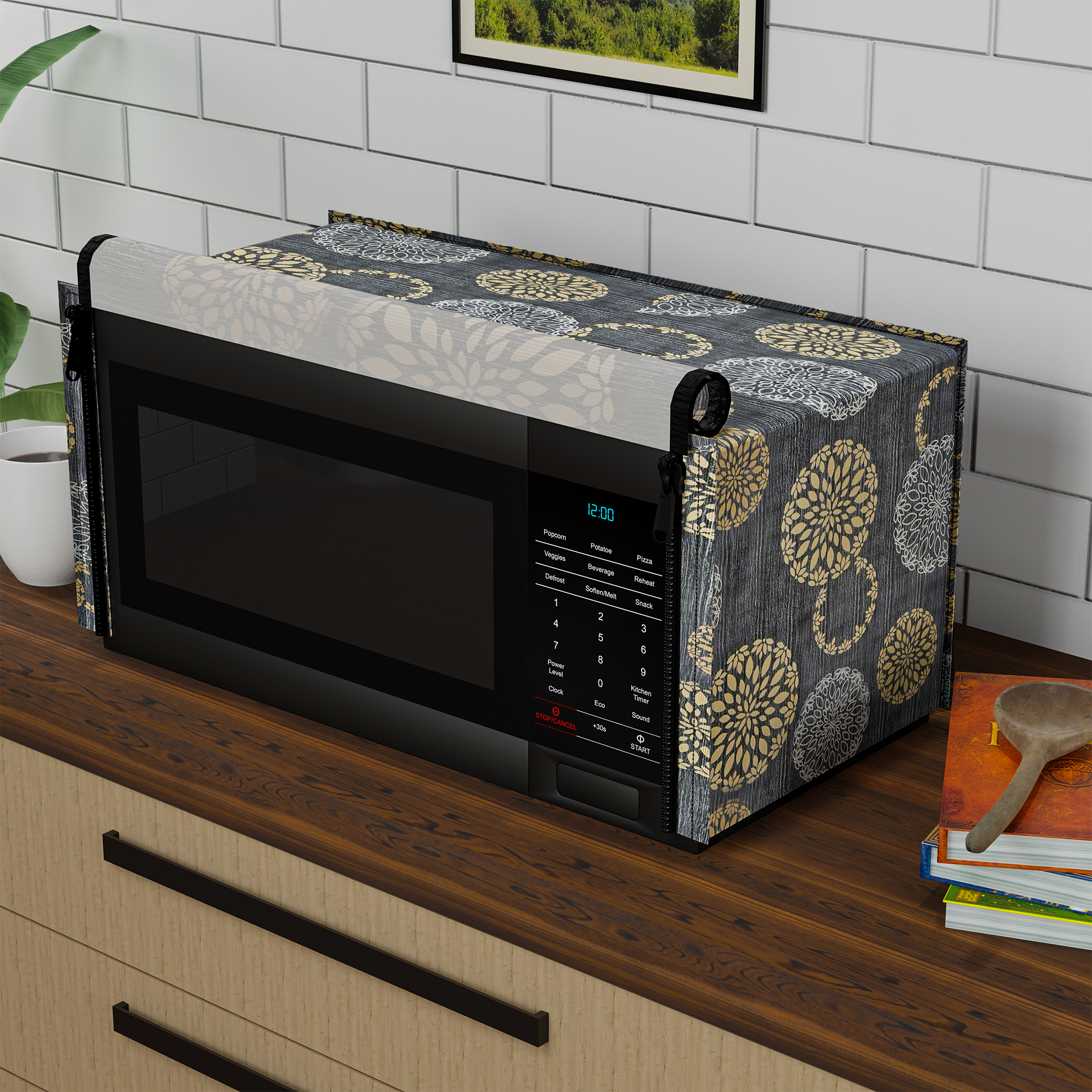 Kuber Industries 20L PVC Dustproof  Spill Resistant Microwave Cover with Ventillation Mesh  Durable Convection  Oven OTG CoversAccessories for Home Decor  Multi Floral-BlackSilver