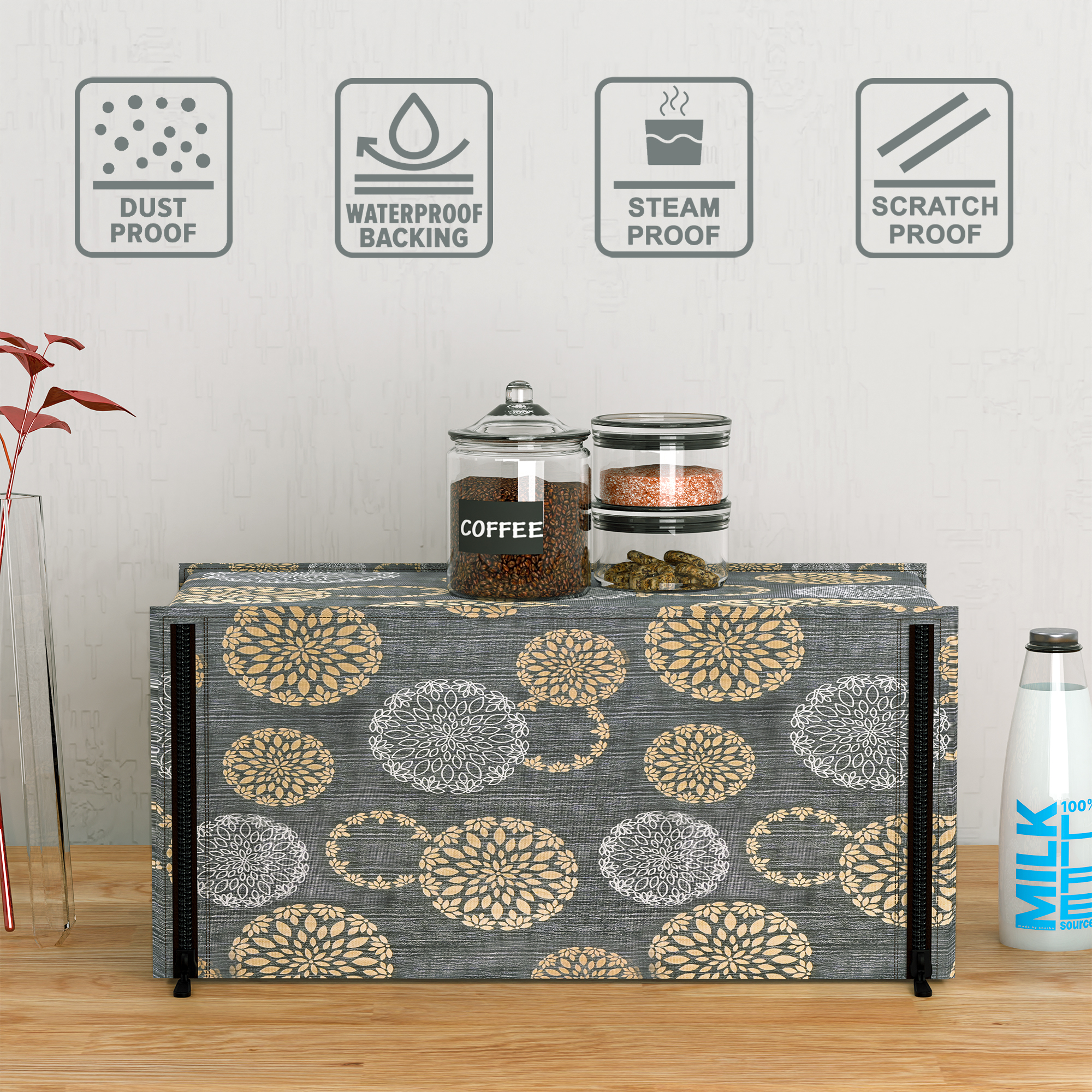 Kuber Industries 20L PVC Dustproof  Spill Resistant Microwave Cover with Ventillation Mesh  Durable Convection  Oven OTG CoversAccessories for Home Decor  Multi Floral-BlackSilver