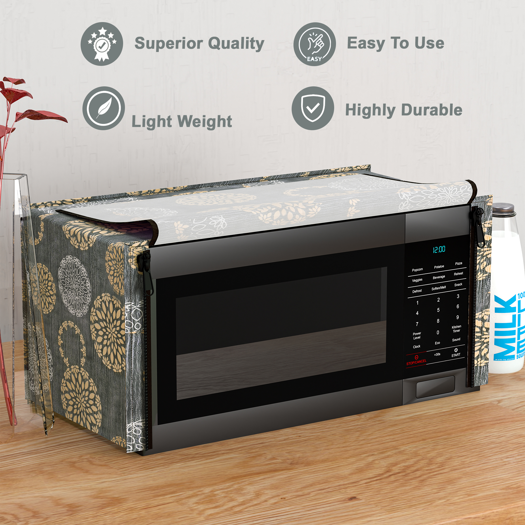 Kuber Industries 20L PVC Dustproof  Spill Resistant Microwave Cover with Ventillation Mesh  Durable Convection  Oven OTG CoversAccessories for Home Decor  Multi Floral-BlackSilver