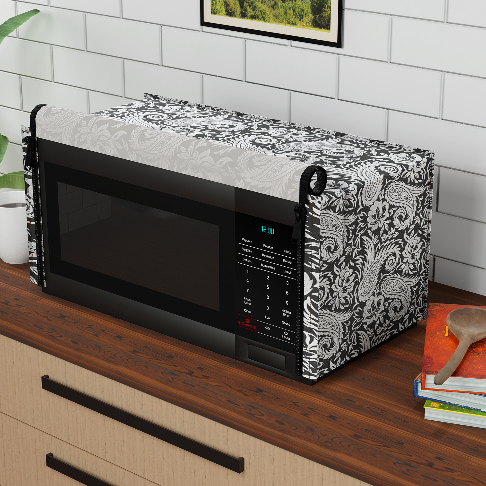 Kuber Industries 23L PVC Dustproof  Spill Resistant Microwave Cover with Ventillation Mesh  Durable Convection  Oven OTG CoversAccessories for Home Decor  Carry Floral-BlackSilver