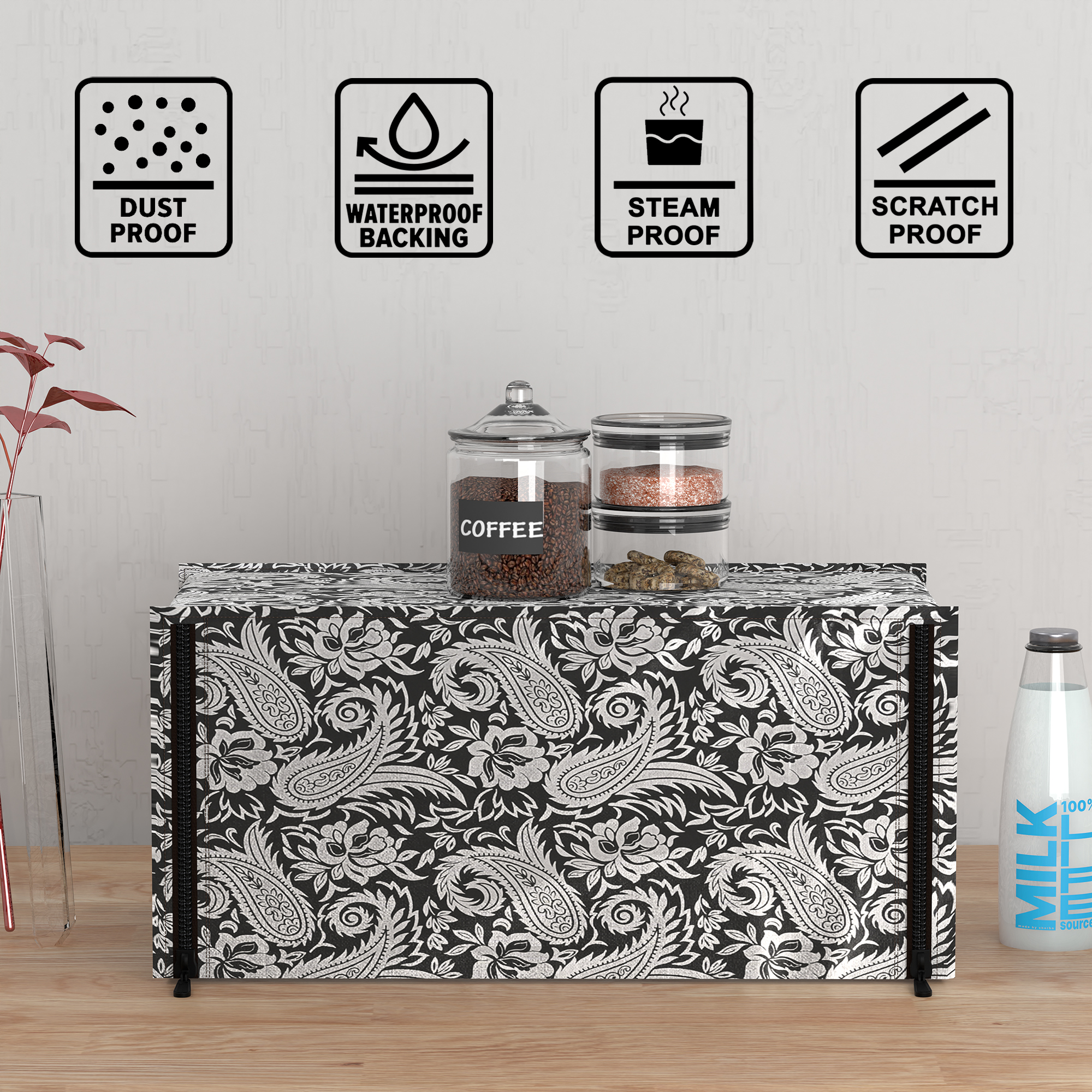 Kuber Industries 23L PVC Dustproof  Spill Resistant Microwave Cover with Ventillation Mesh  Durable Convection  Oven OTG CoversAccessories for Home Decor  Carry Floral-BlackSilver