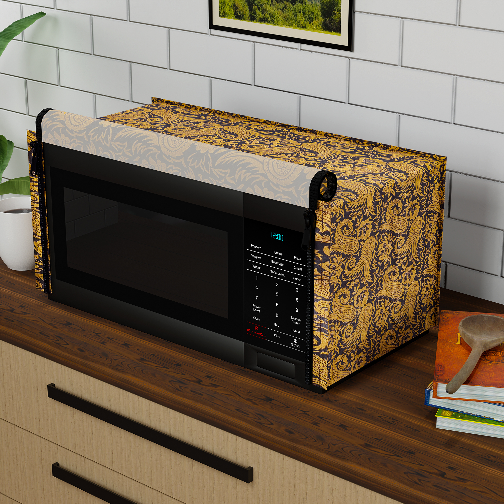 Kuber Industries 23L PVC Dustproof  Spill Resistant Microwave Cover with Ventillation Mesh  Durable Convection  Oven OTG CoversAccessories for Home Decor  Multi Floral-BlackGolden