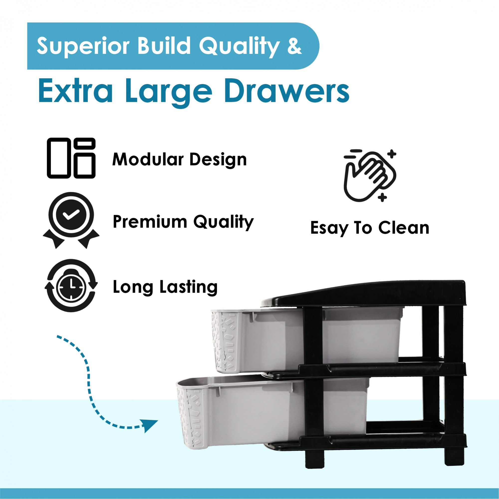 Kuber Industries 2-Layer  19 Ltr Plastic Drawer Storage Organiser  Modular Kitchen  Toy Organizer For Kids Room  Black  Grey