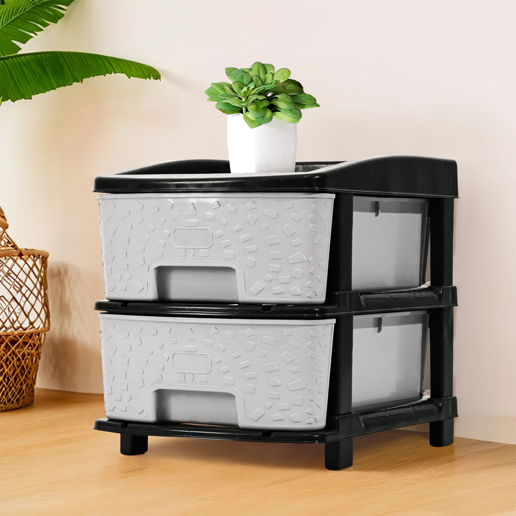 Kuber Industries 2-Layer  19 Ltr Plastic Drawer Storage Organiser  Modular Kitchen  Toy Organizer For Kids Room  Black  Grey