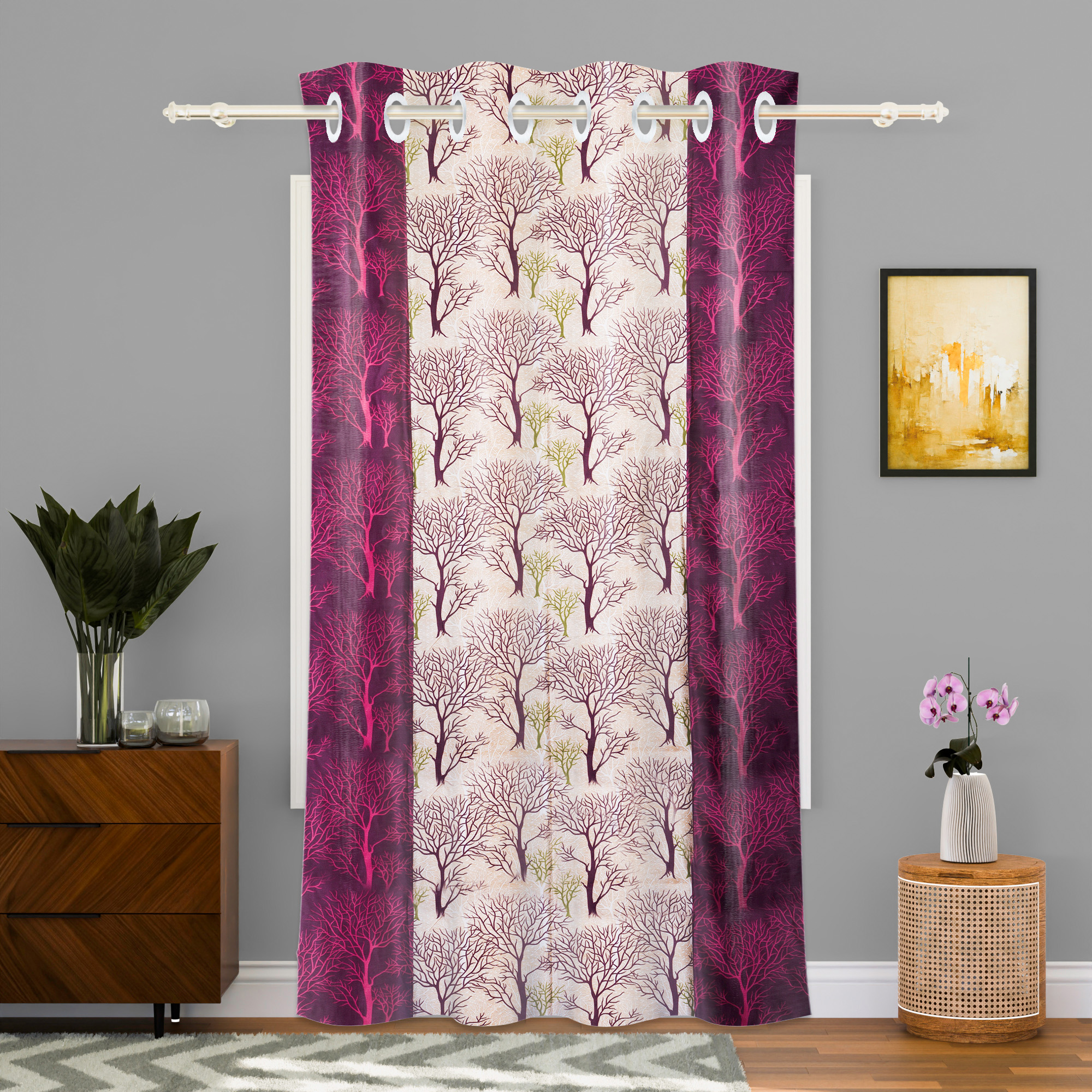 Kuber Industries Decorative Door Curtains 7 Feet for Home  Living Room with Eyelet Rings  Aesthetic Pardaa  Door Decoration Sheet Curtain  Tree Print - Purple  Beige