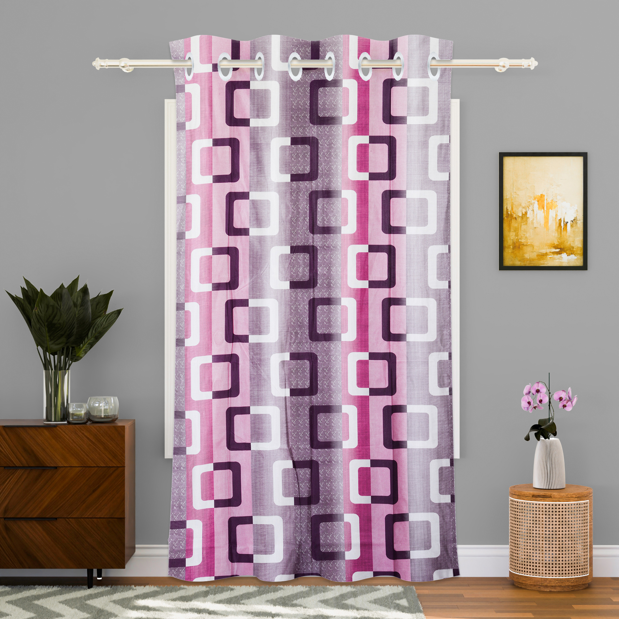 Kuber Industries Decorative Door Curtains 7 Feet for Home  Living Room with Eyelet Rings  Aesthetic Pardaa  Door Decoration Sheet Curtain  Squares - Pink  Purple