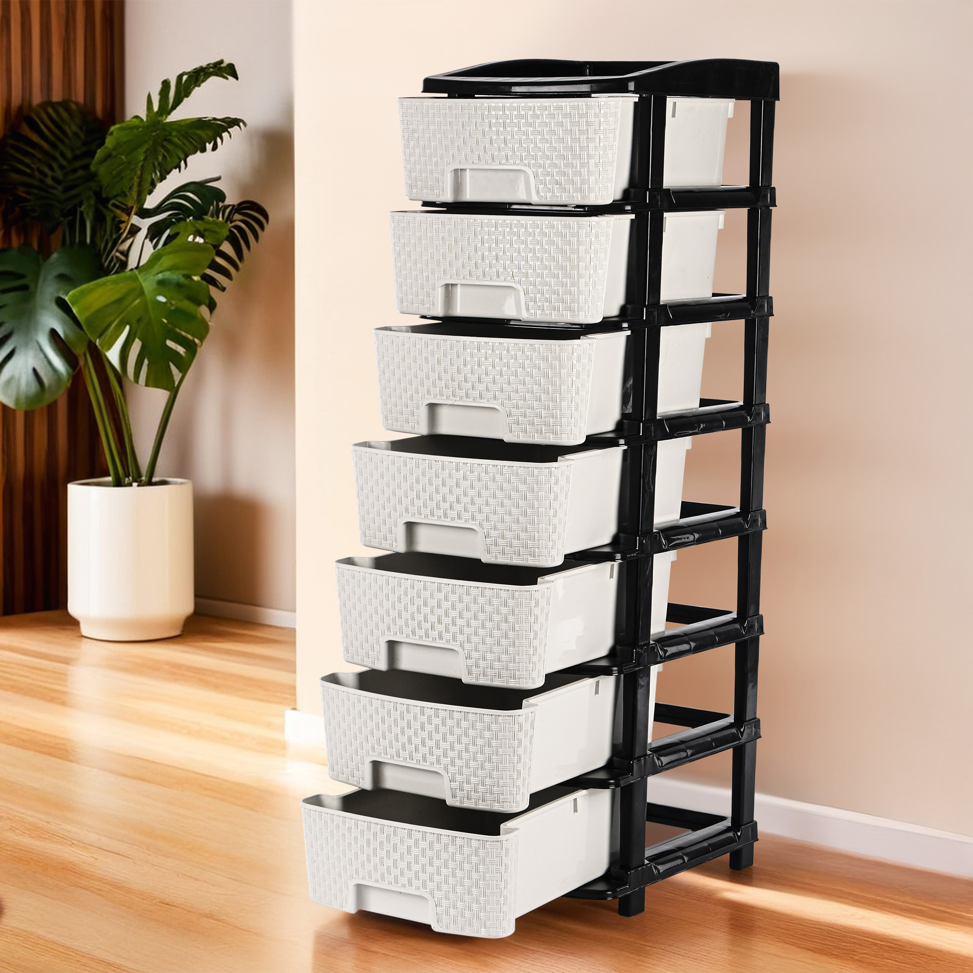Kuber Industries Multi-Purpose 2-Layer Plastic Drawer Storage Organiser  Durable  Modular Kitchen  Toy Organizer For Kids Room Office  Home  Black  White