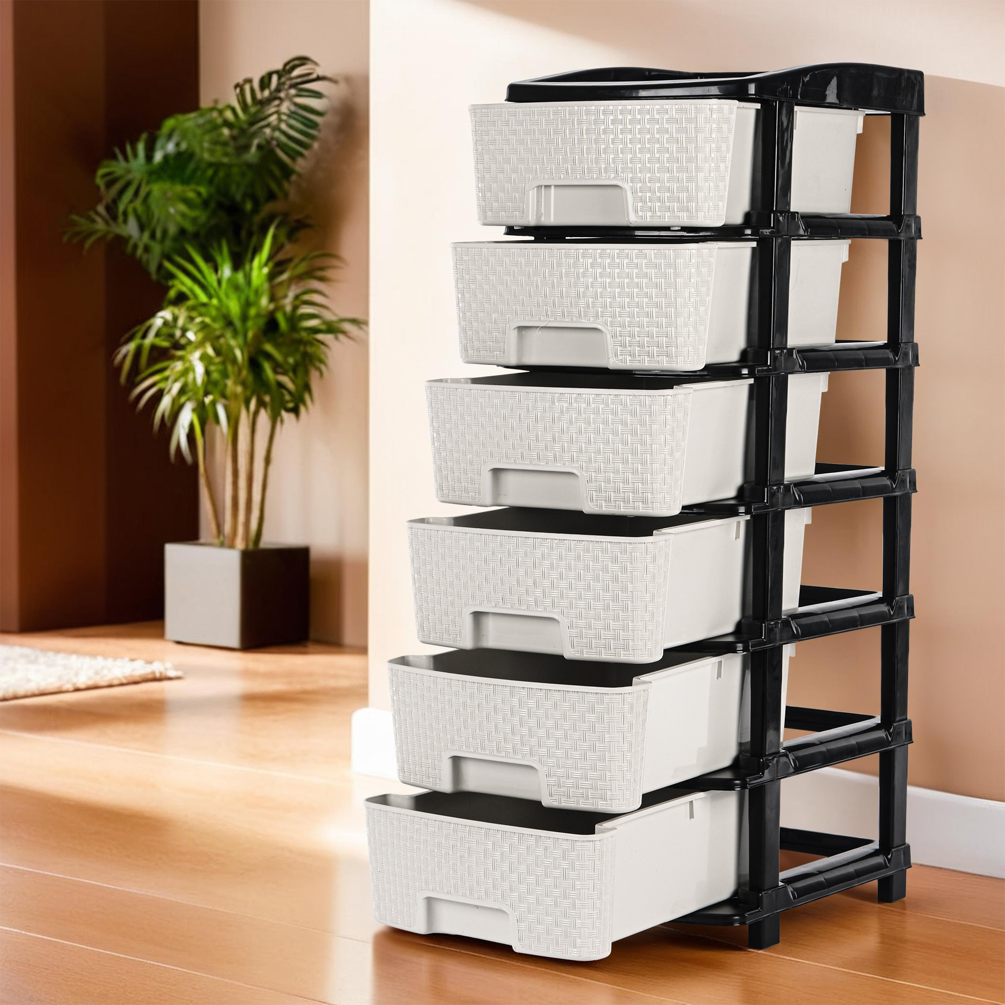 Kuber Industries Multi-Purpose 2-Layer Plastic Drawer Storage Organiser  Durable  Modular Kitchen  Toy Organizer For Kids Room Office  Home  Black  White