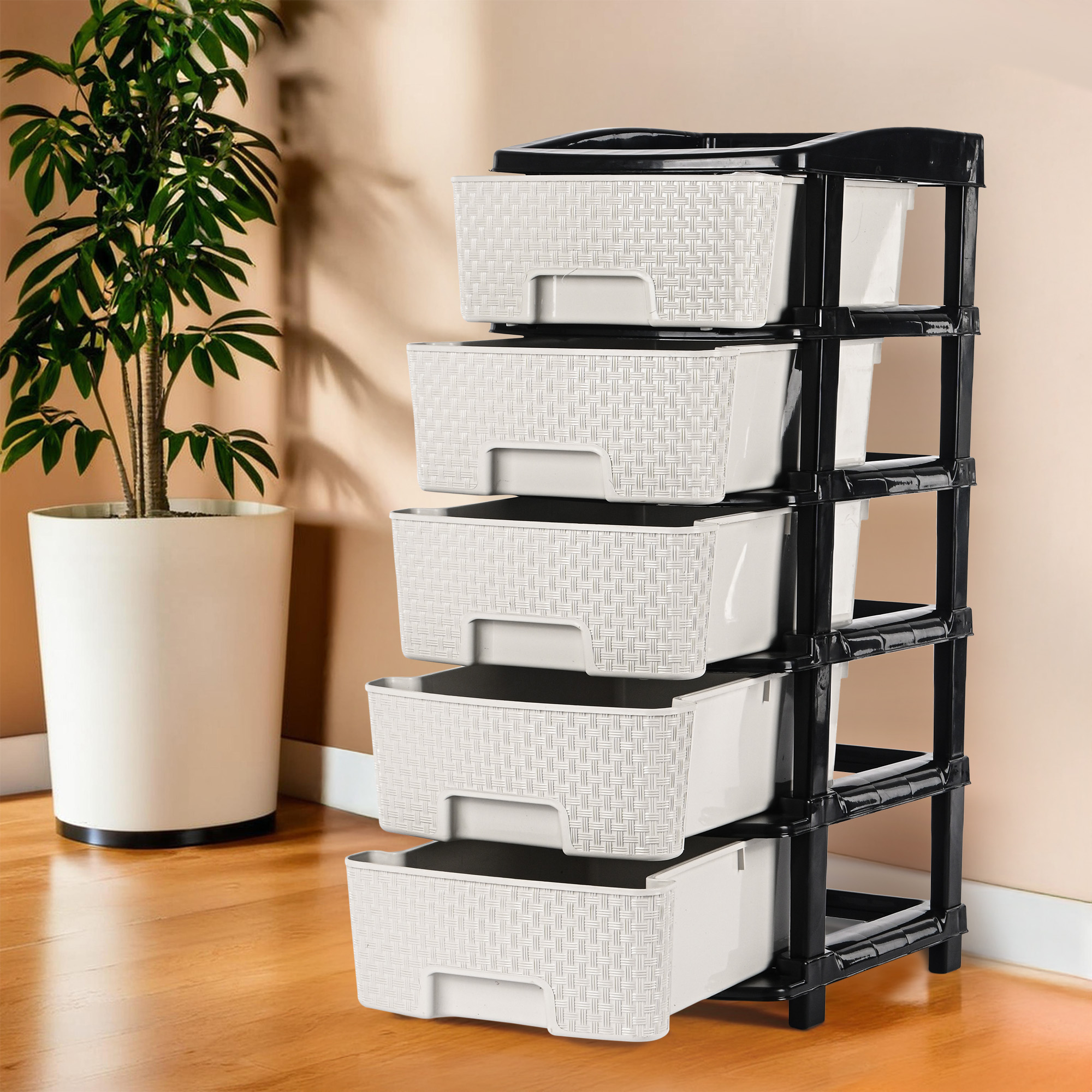 Kuber Industries Multi-Purpose 2-Layer Plastic Drawer Storage Organiser  Durable  Modular Kitchen  Toy Organizer For Kids Room Office  Home  Black  White