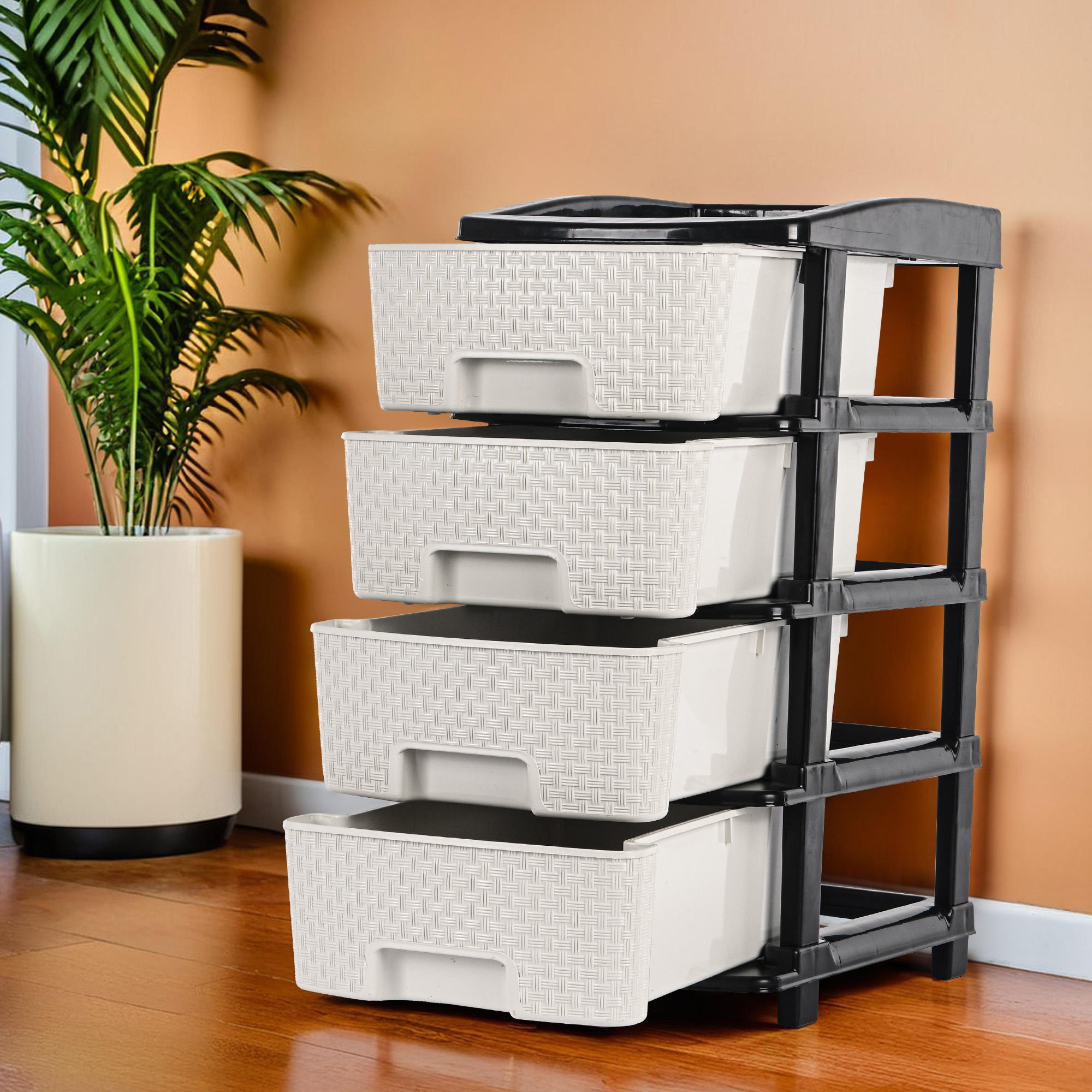 Kuber Industries Multi-Purpose 2-Layer Plastic Drawer Storage Organiser  Durable  Modular Kitchen  Toy Organizer For Kids Room Office  Home  Black  White