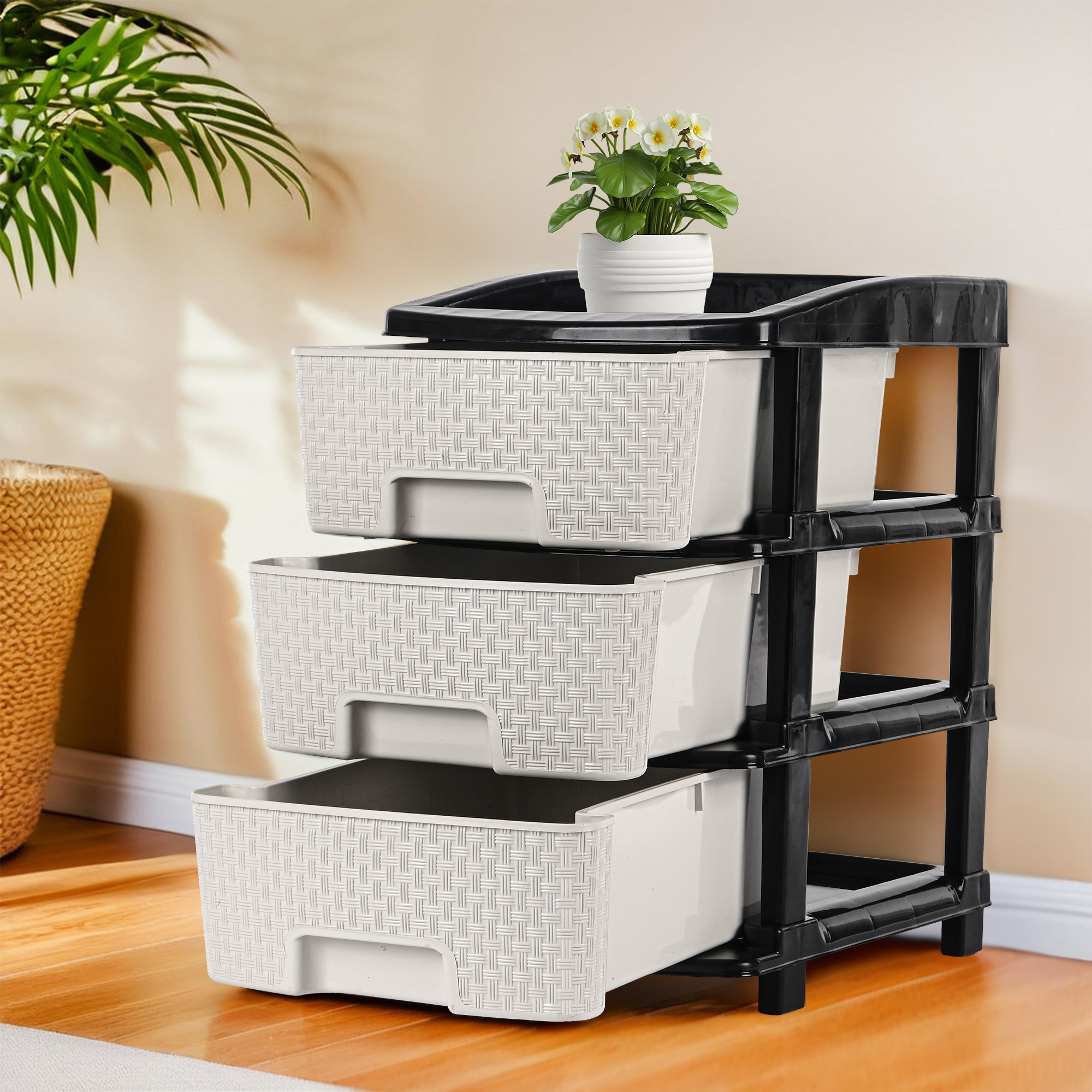 Kuber Industries Multi-Purpose 2-Layer Plastic Drawer Storage Organiser  Durable  Modular Kitchen  Toy Organizer For Kids Room Office  Home  Black  White