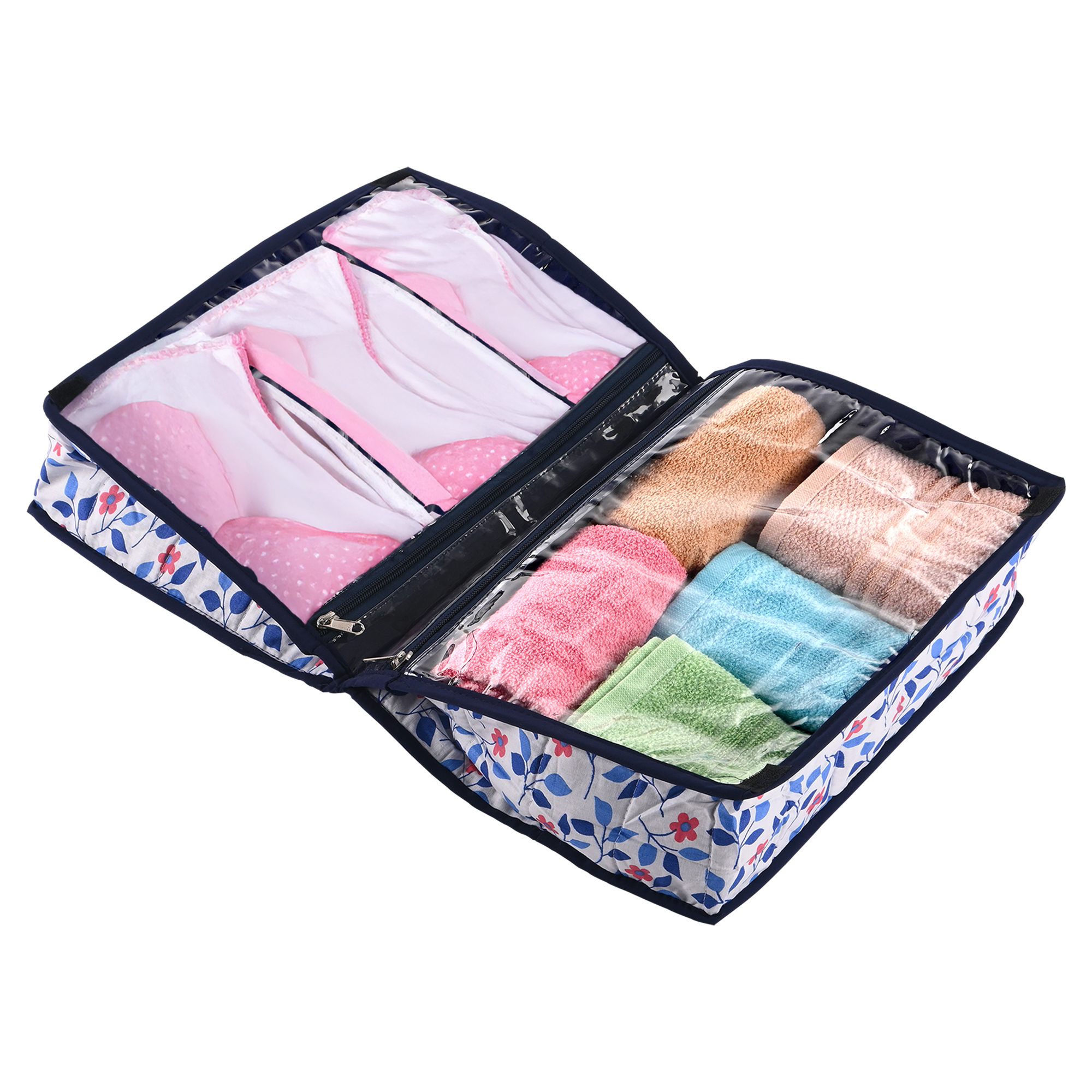 Kuber Industries Lingerie Organizer for Women  Bra Storage Pouch Sanitary Pads  Innerwear Organizer for Travel  Floral Print-White  Blue