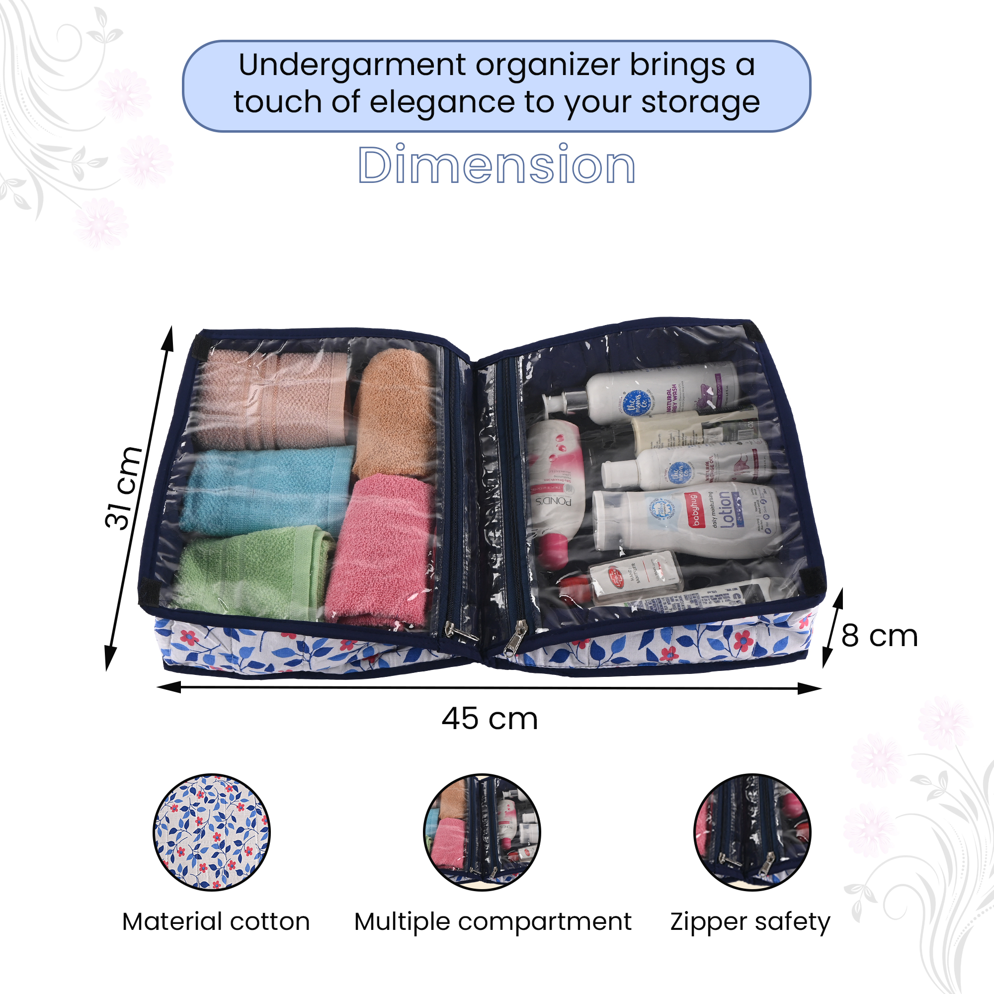 Kuber Industries Lingerie Organizer for Women  Bra Storage Pouch Sanitary Pads  Innerwear Organizer for Travel  Floral Print-White  Blue