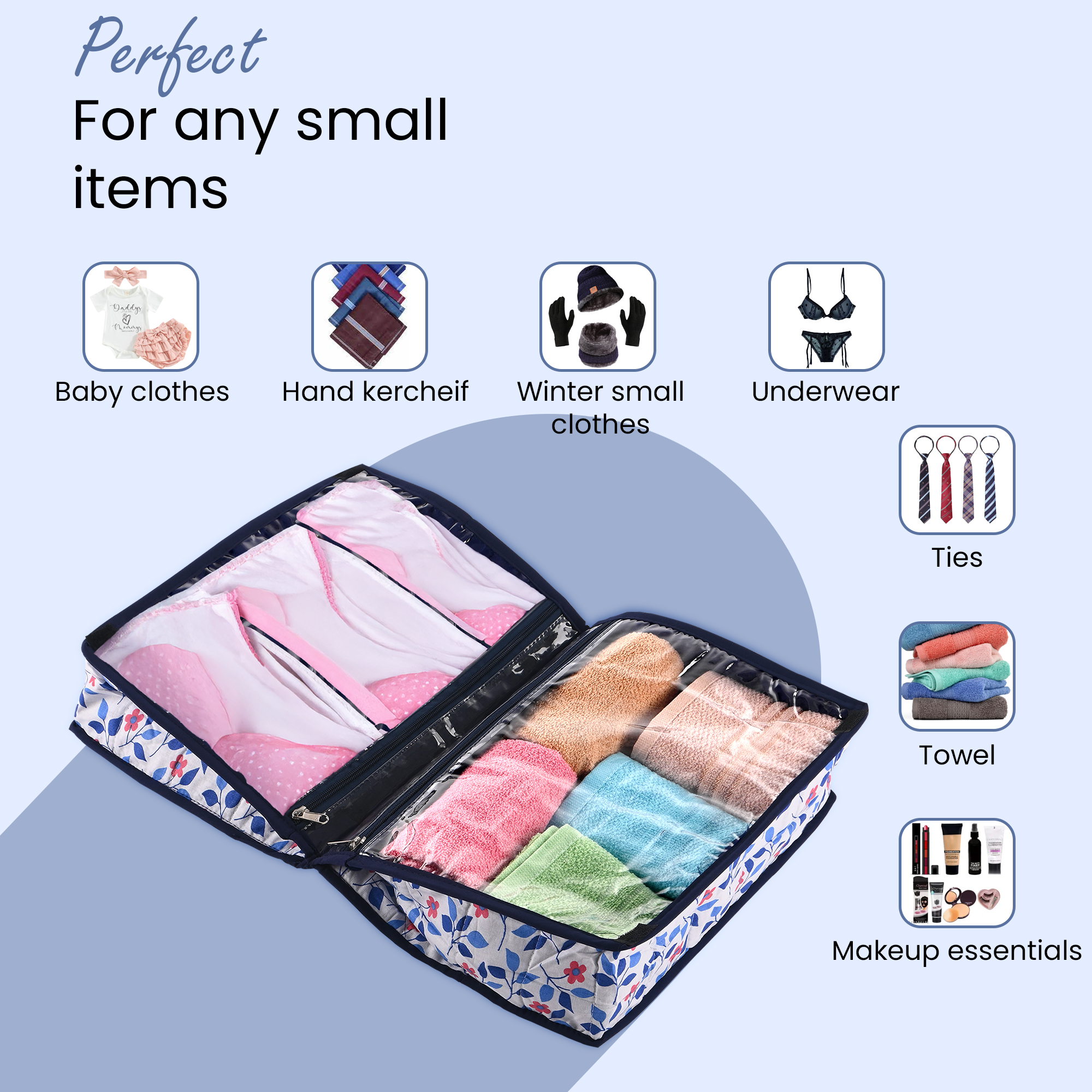 Kuber Industries Lingerie Organizer for Women  Bra Storage Pouch Sanitary Pads  Innerwear Organizer for Travel  Floral Print-White  Blue