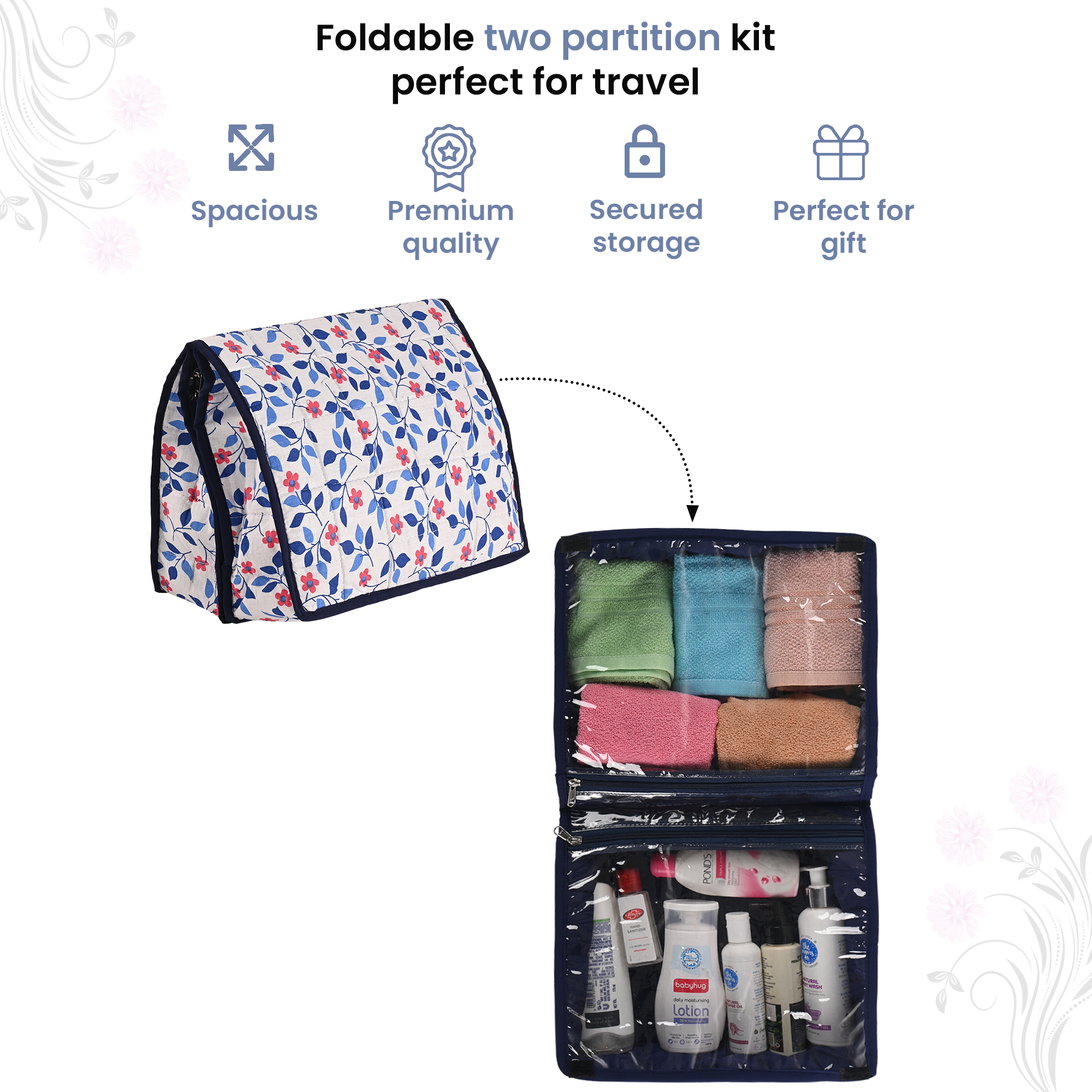 Kuber Industries Lingerie Organizer for Women  Bra Storage Pouch Sanitary Pads  Innerwear Organizer for Travel  Floral Print-White  Blue