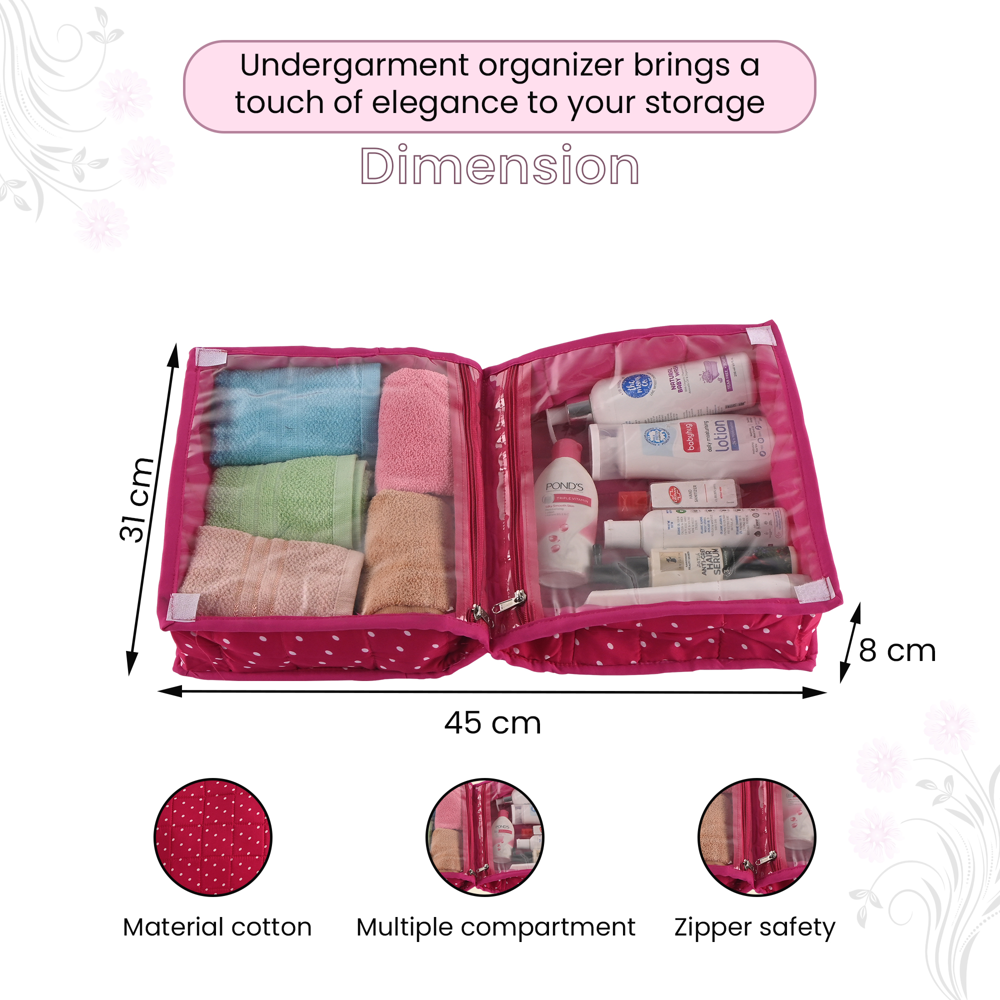 Kuber Industries Lingerie Organizer for Women  Bra Storage Pouch Sanitary Pads  Innerwear Organizer for Travel  Polka Dots - Pink