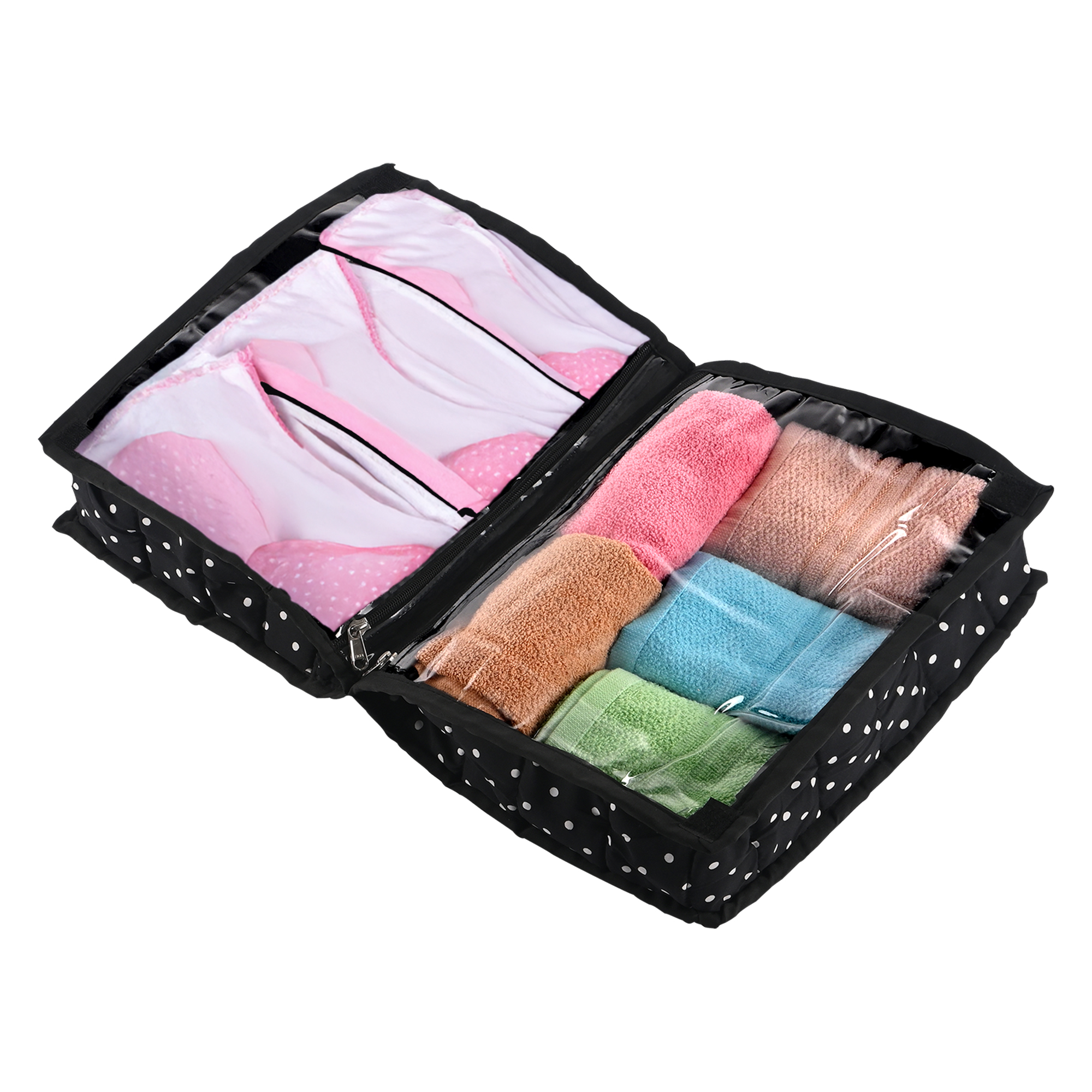 Kuber Industries Lingerie Organizer for Women  Bra Storage Pouch Sanitary Pads  Innerwear Organizer for Travel Polka Dots - Black