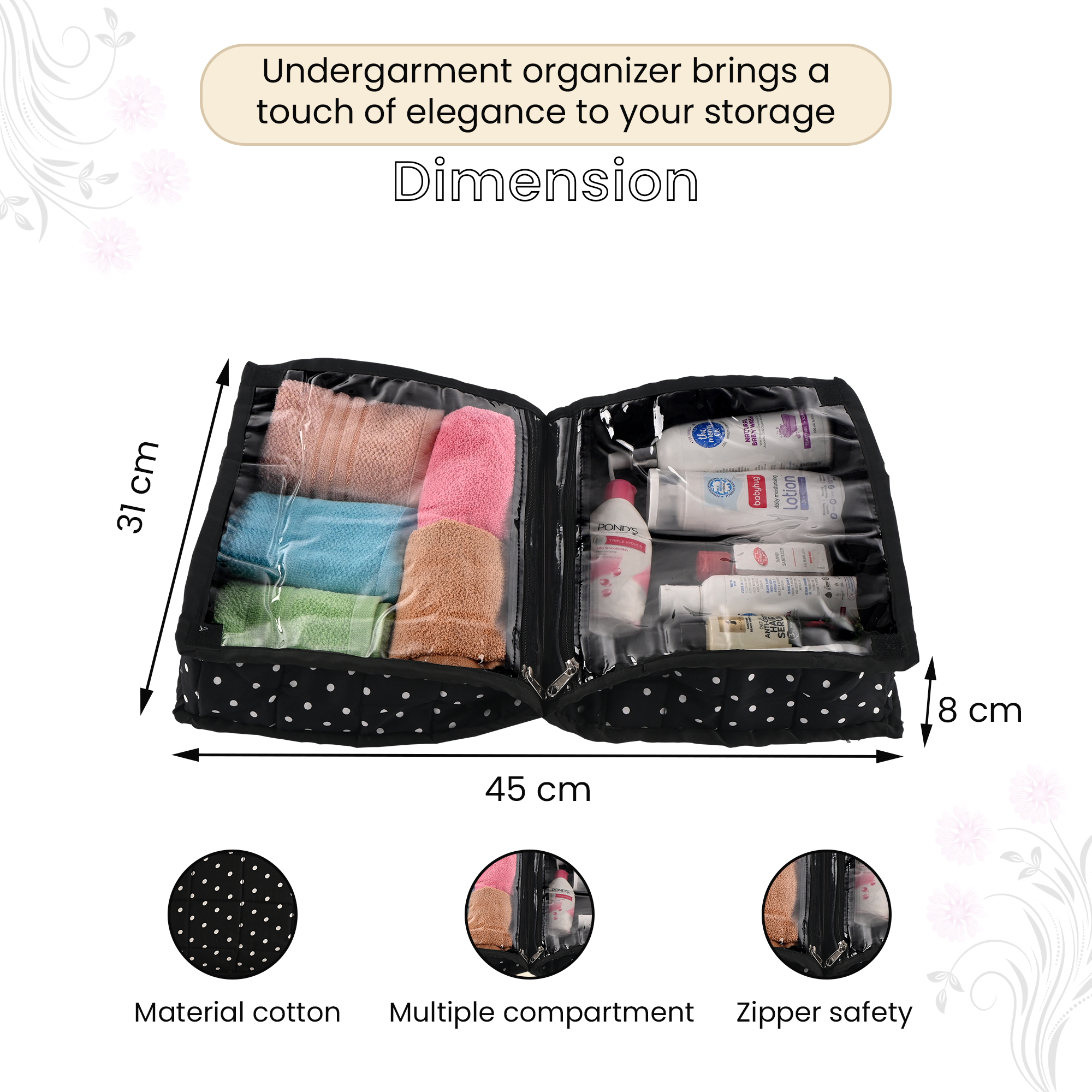 Kuber Industries Lingerie Organizer for Women  Bra Storage Pouch Sanitary Pads  Innerwear Organizer for Travel Polka Dots - Black