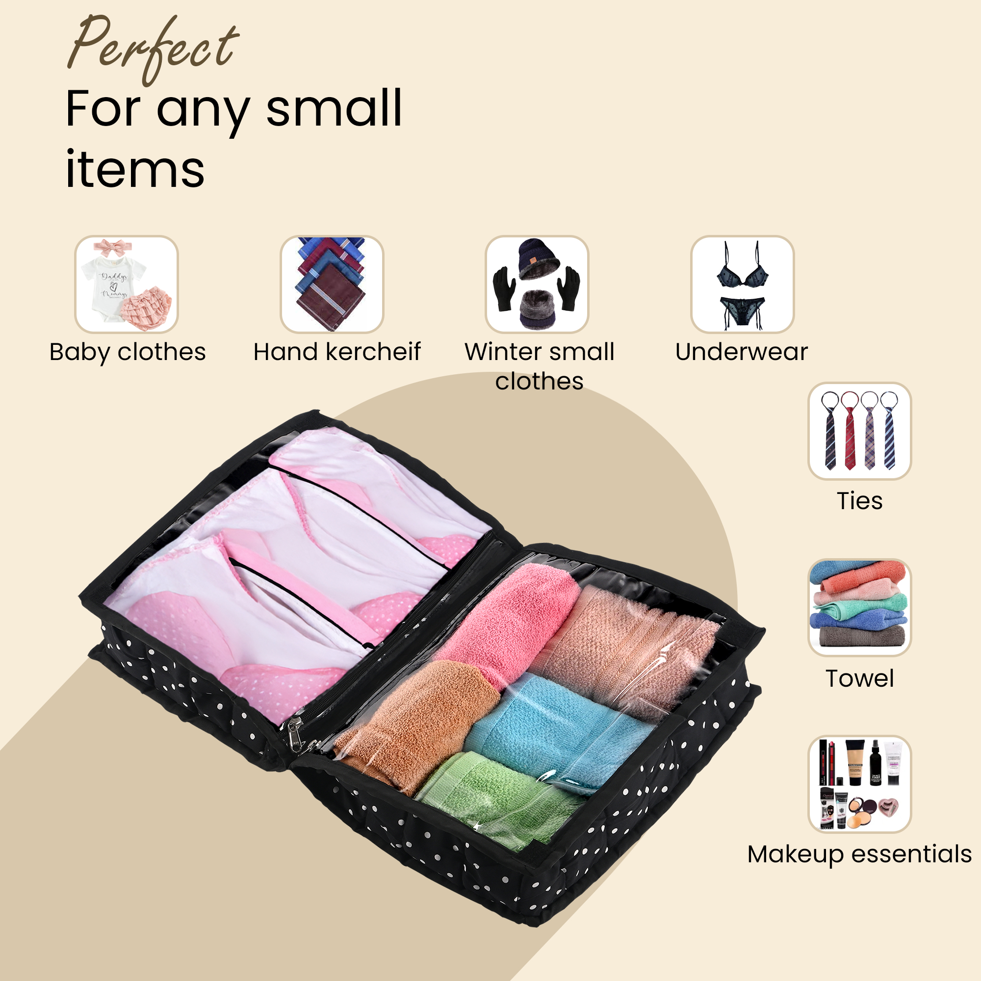 Kuber Industries Lingerie Organizer for Women  Bra Storage Pouch Sanitary Pads  Innerwear Organizer for Travel Polka Dots - Black