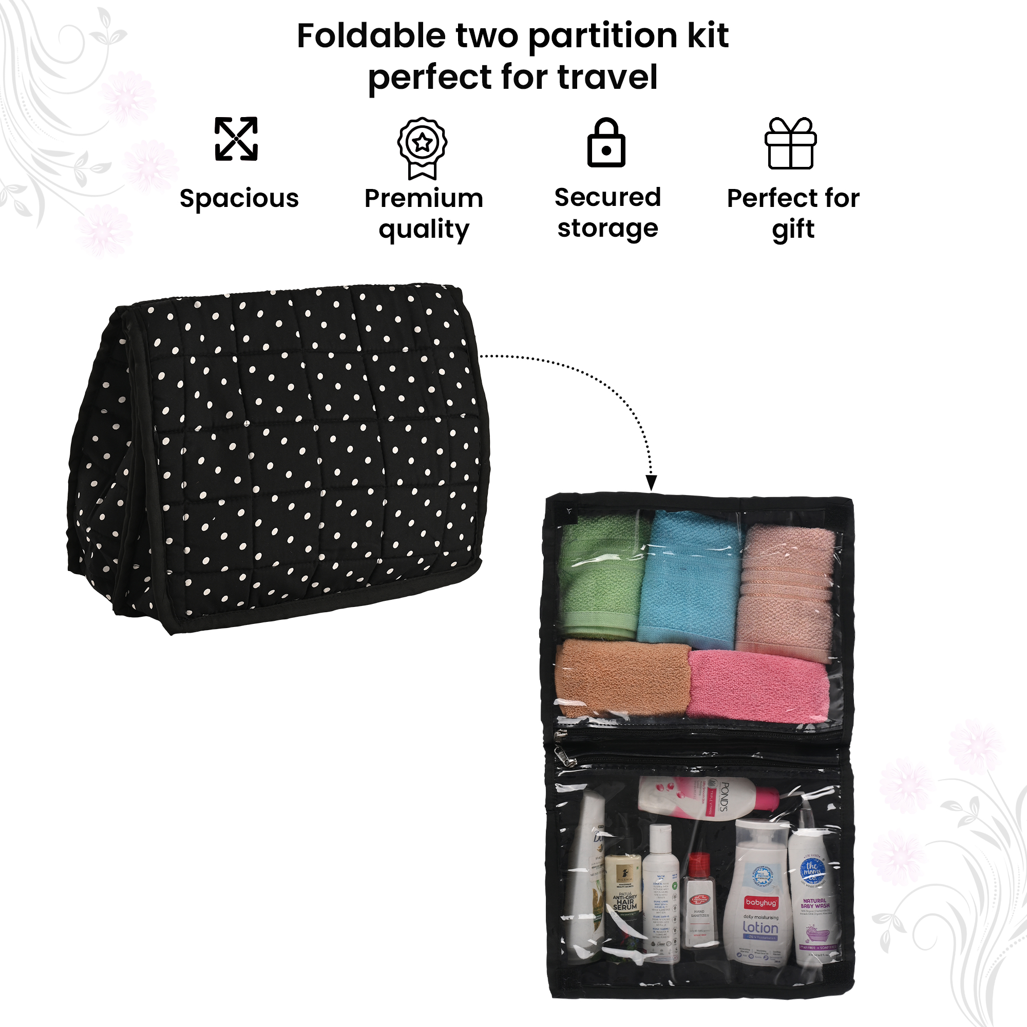 Kuber Industries Lingerie Organizer for Women  Bra Storage Pouch Sanitary Pads  Innerwear Organizer for Travel Polka Dots - Black