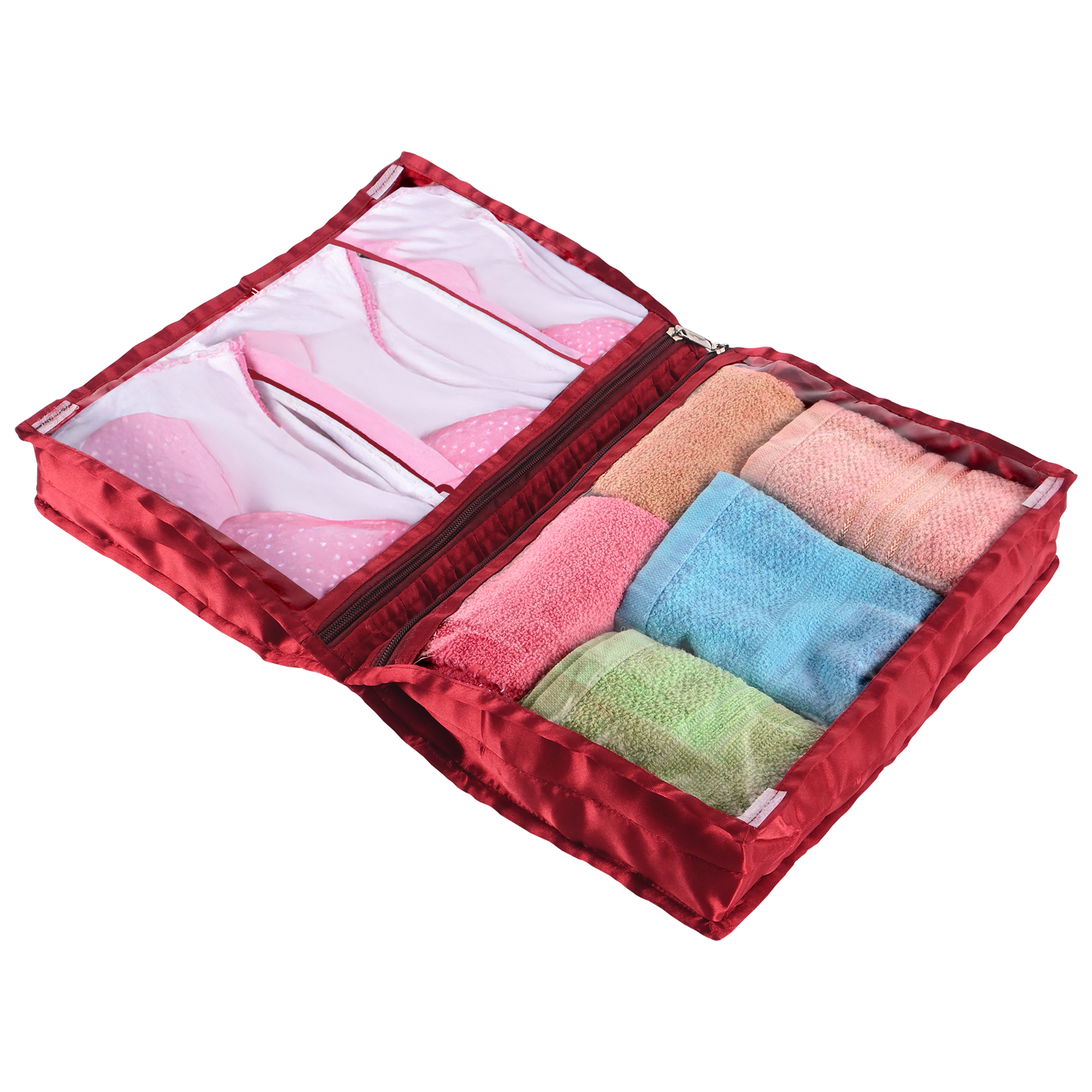 Kuber Industries Travel Kit For Toiletries  Bathroom Toiletry Organiser  Vanity Storage BagPouch For Women  Satin Frill - Maroon