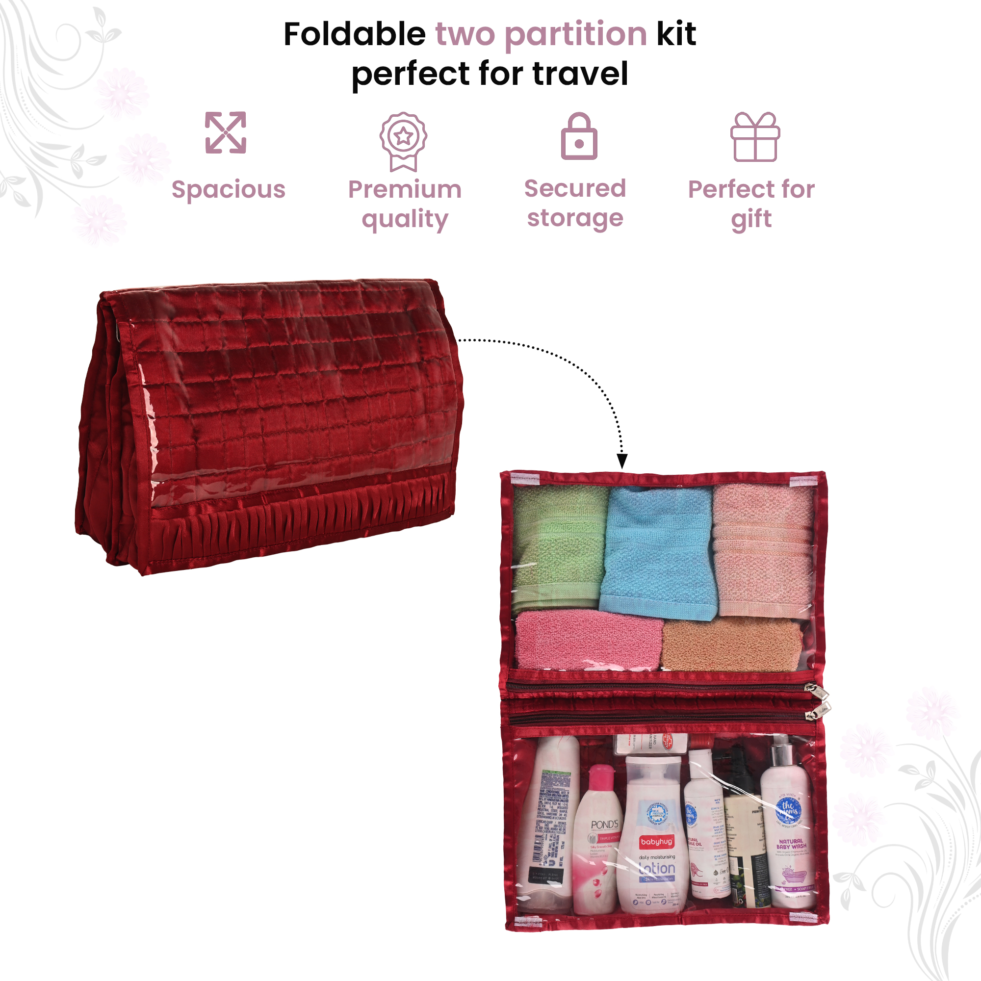Kuber Industries Travel Kit For Toiletries  Bathroom Toiletry Organiser  Vanity Storage BagPouch For Women  Satin Frill - Maroon