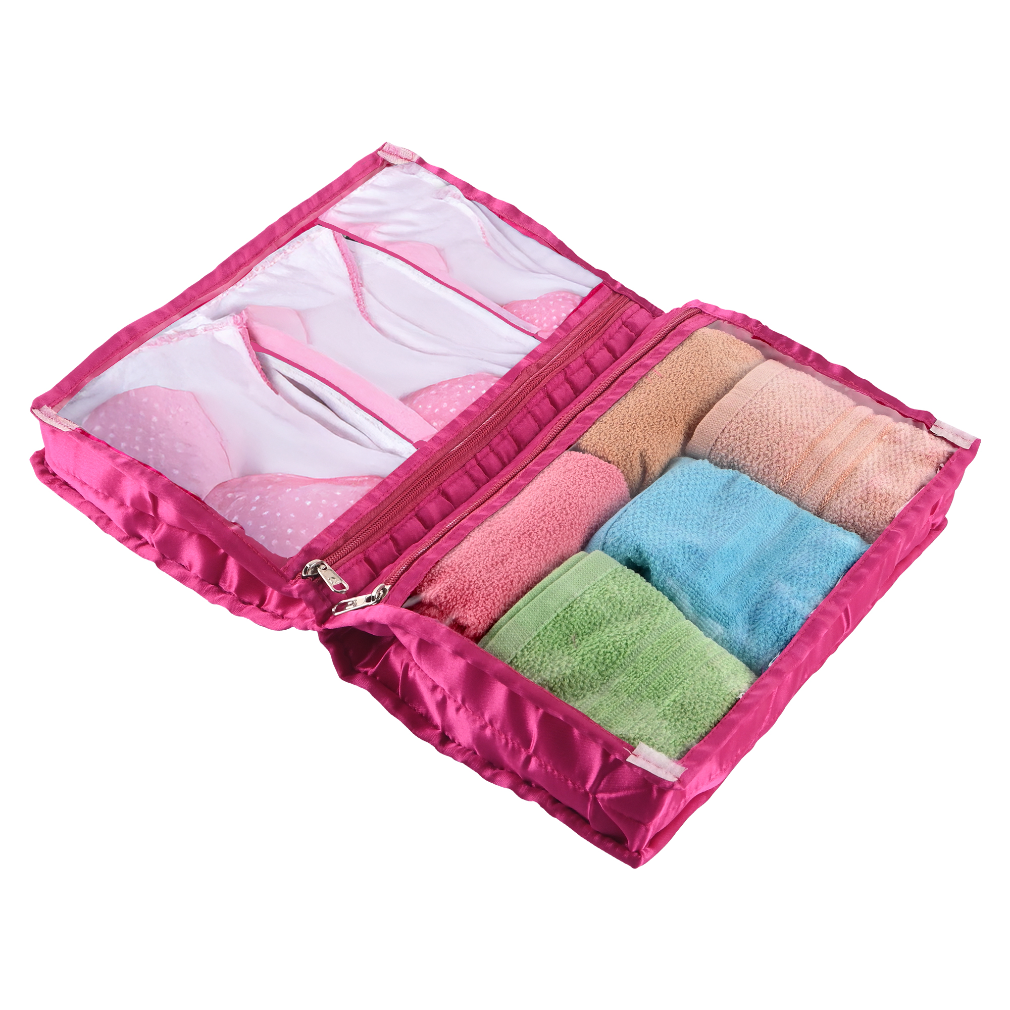 Kuber Industries Lingerie Organizer for Women  Bra Storage Pouch Sanitary Pads  Innerwear Organizer for Travel  Satin Frill - Pink