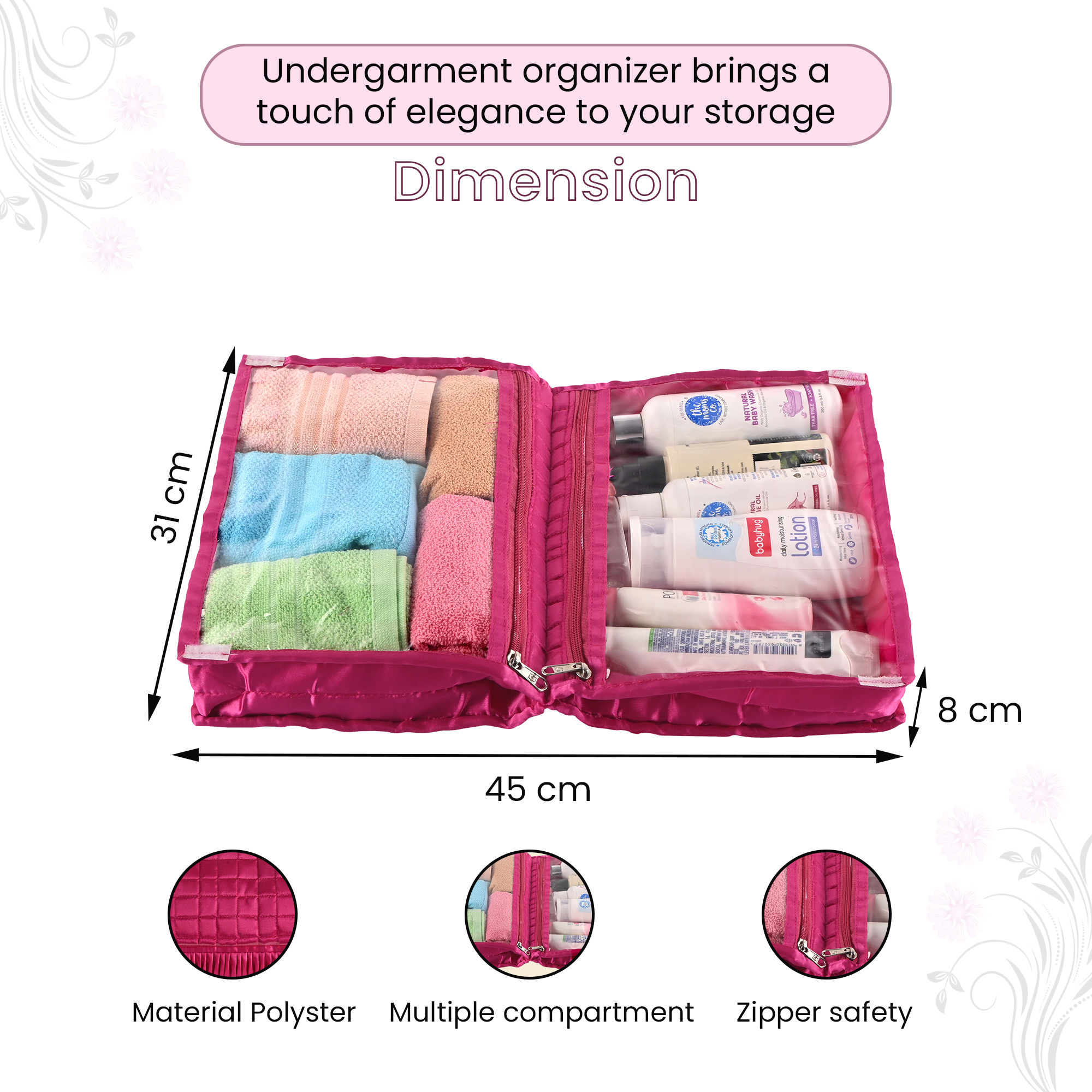 Kuber Industries Lingerie Organizer for Women  Bra Storage Pouch Sanitary Pads  Innerwear Organizer for Travel  Satin Frill - Pink