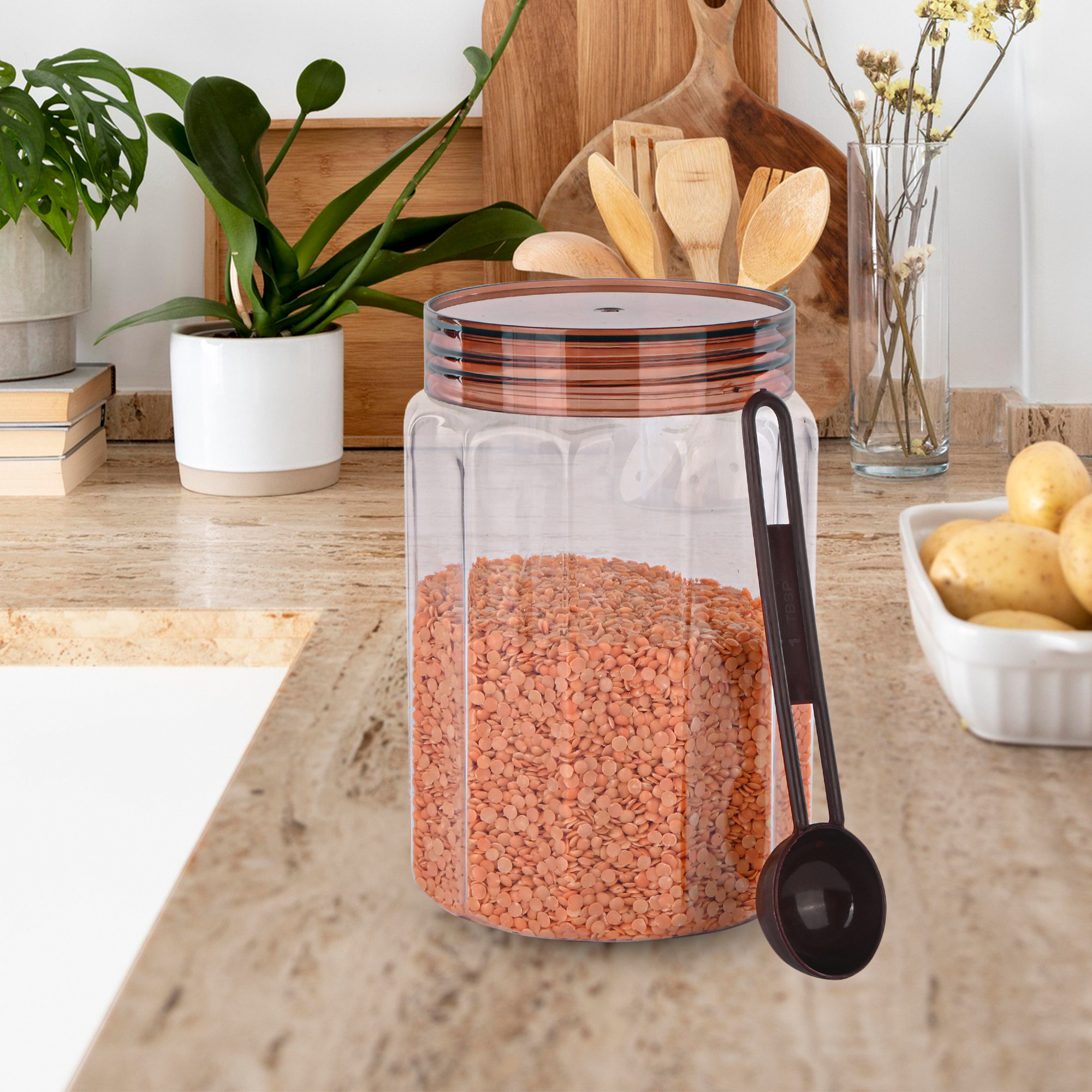 Kuber Industries Set of 3 Transparent 500 ml Plastic Kitchen Storage Box with Spoons  Durable Storage Containers for Kitchen - Ideal for Snacks Spices  Dry Fruits  Brown Transparent