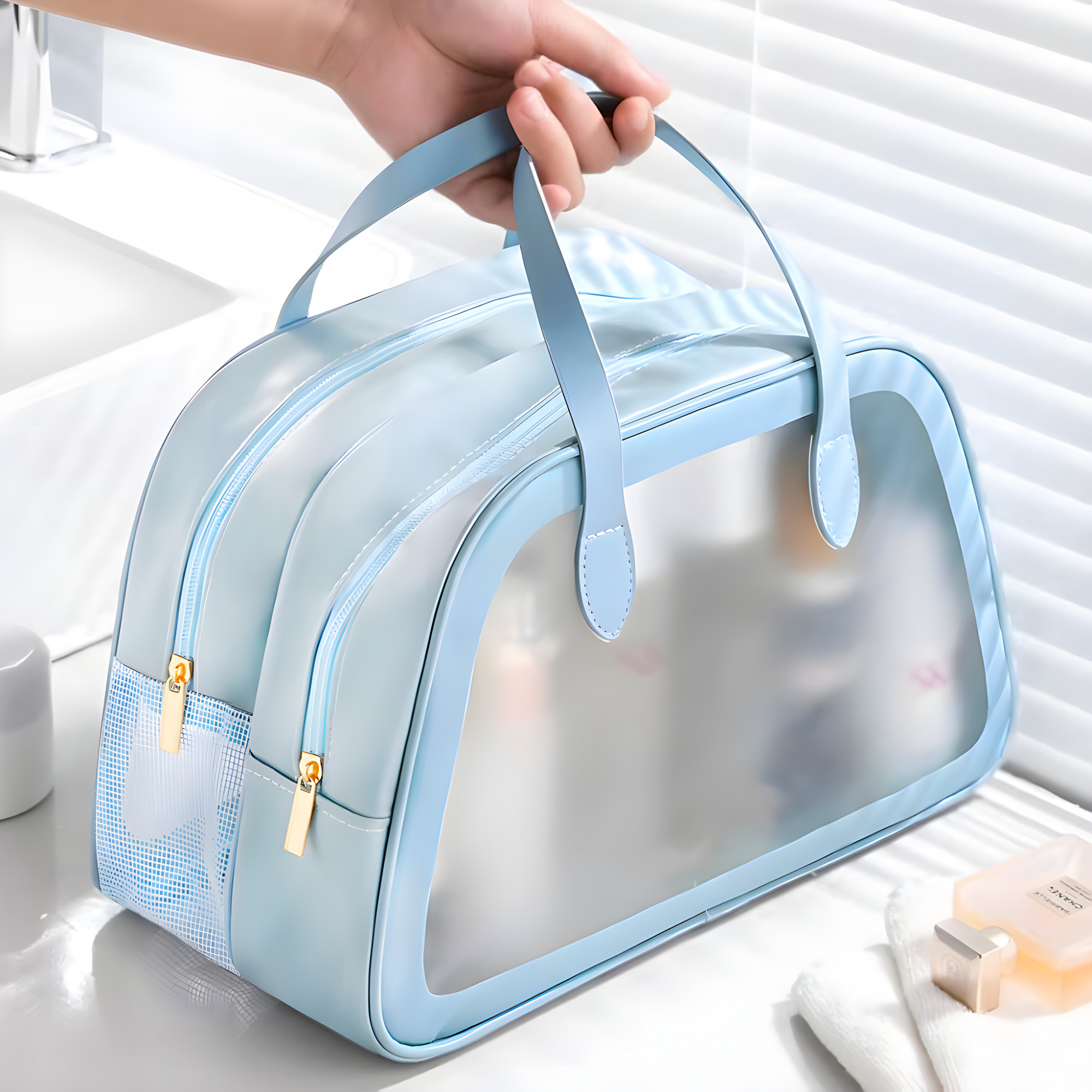 Kuber Industries Waterproof SkincareCosmetic Bag for Women  Space-Saving Makeup  Travel Toiletry Pouch  Aesthetic Vanity Kit  Wash Bag for Girls  YJ-20-BLU  Transparent - Blue