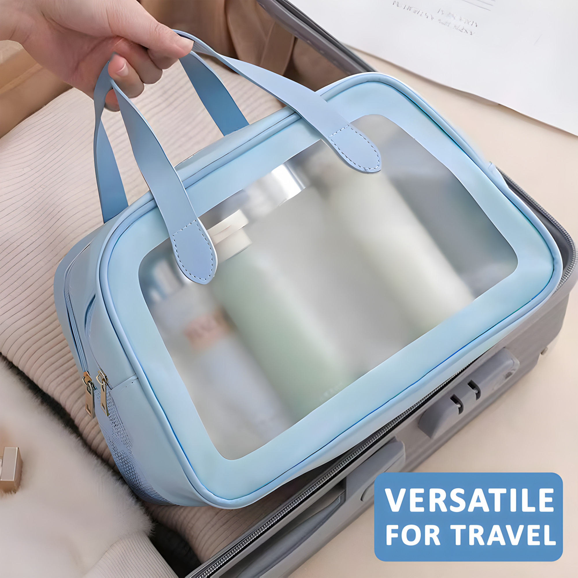 Kuber Industries Waterproof SkincareCosmetic Bag for Women  Space-Saving Makeup  Travel Toiletry Pouch  Aesthetic Vanity Kit  Wash Bag for Girls  YJ-20-BLU  Transparent - Blue