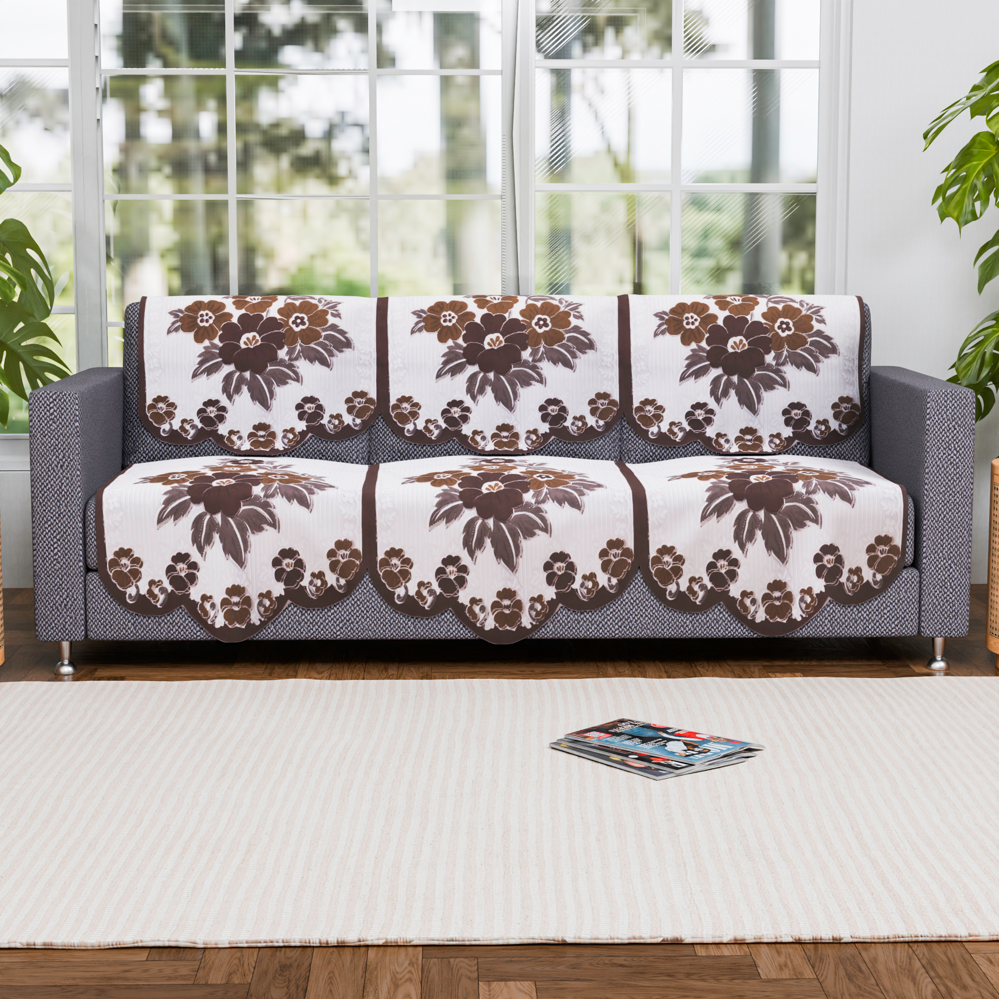 Kuber Industries 2 Seater Sofa Set Cover  Sofa Slipcover Protector for Home Living Room Hall  Office Couch  Painting- White  Brown