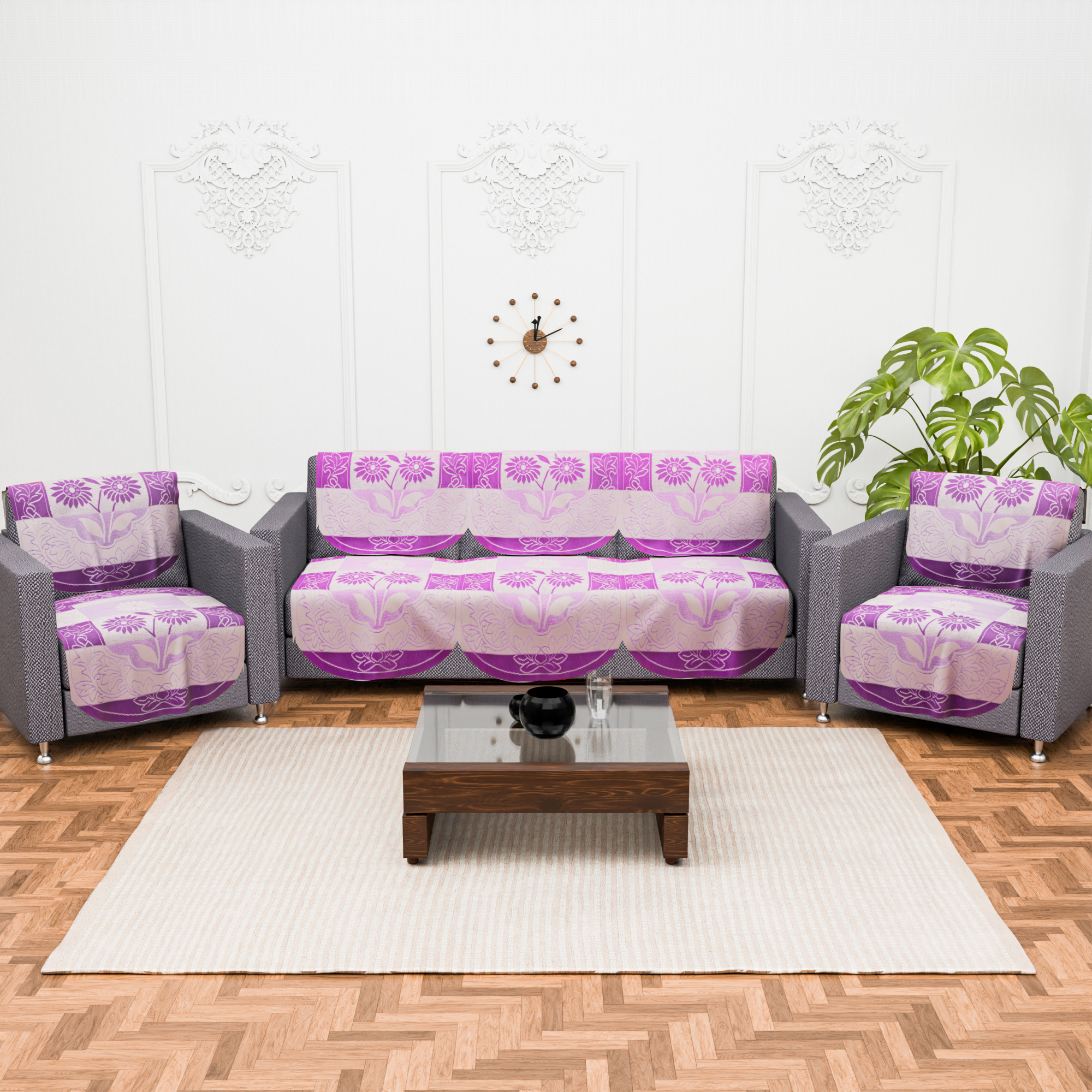 Kuber Industries 2 Seater Sofa Set Cover  Sofa Slipcover Protector for Home Living Room Hall  Office Couch  Flower Strips- Purple